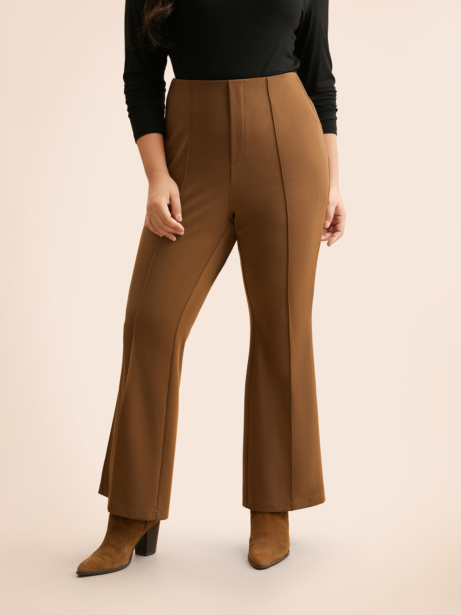 

Plus Size Solid Seam Detail Flare Leg Pants Women Yellowishbrown Elegant Flare Leg Mid Rise Everyday Pants BloomChic