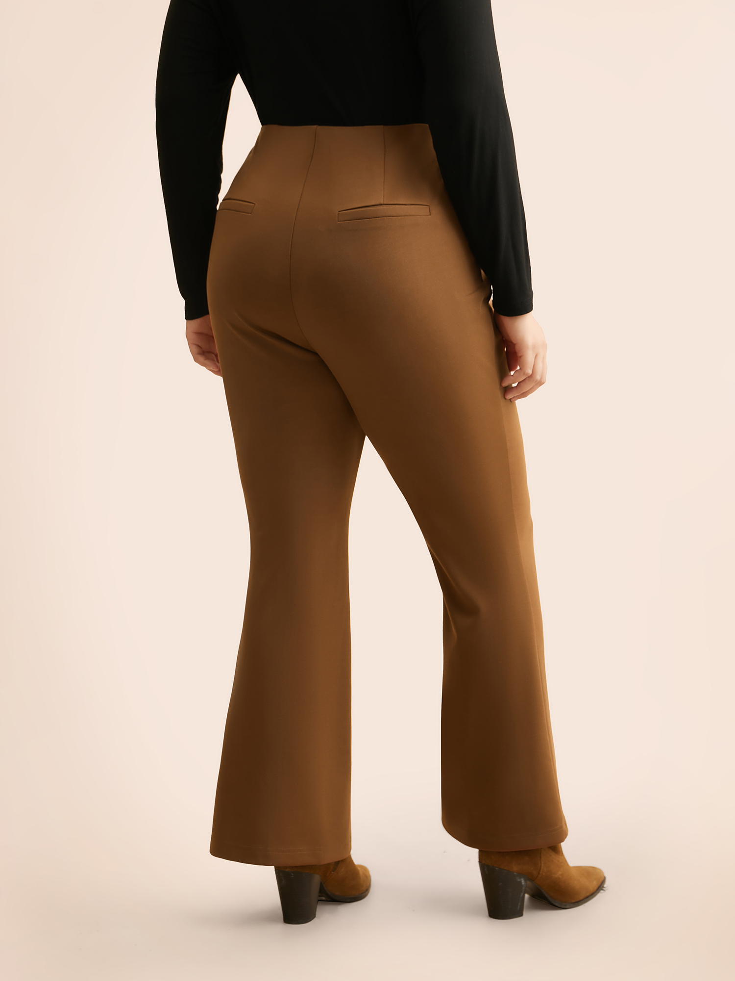 

Plus Size Solid Seam Detail Flare Leg Pants Women Yellowishbrown Elegant Flare Leg Mid Rise Everyday Pants BloomChic