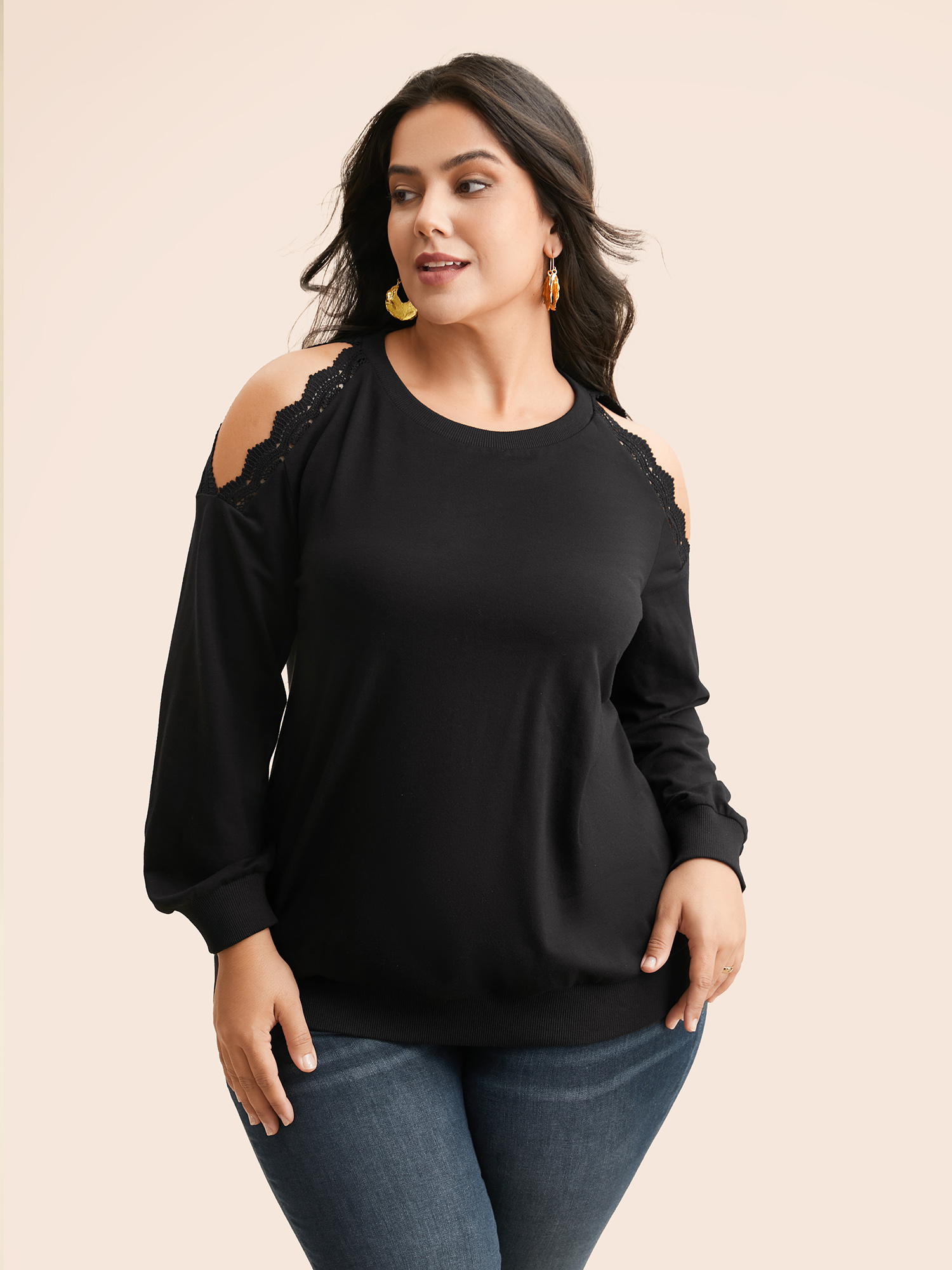 

Plus Size Lace Patchwork Off Shoulder Sweatshirt Women Black Elegant Patchwork Round Neck Everyday Sweatshirts BloomChic