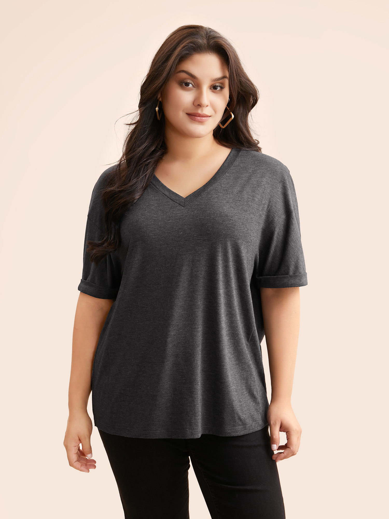 

Plus Size V Neck Heather Dolman Sleeve T-shirt DimGray Women Casual Roll Hem V-neck Loose Everyday T-shirts BloomChic