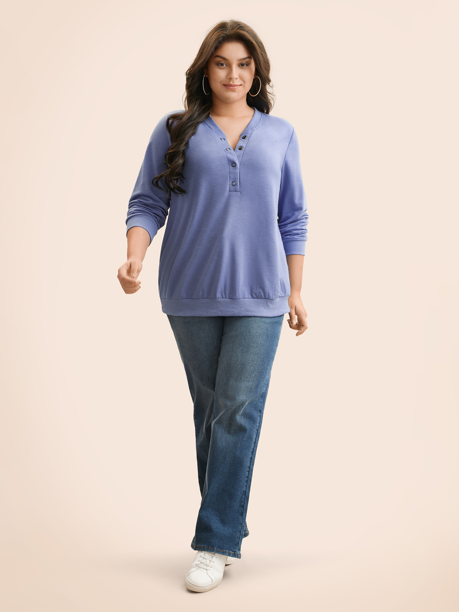Plus Size Plain Notched Collar Button Up Sweatshirt Women Bluepurple Casual Patchwork Notched collar Everyday Sweatshirts BloomChic 12/L 