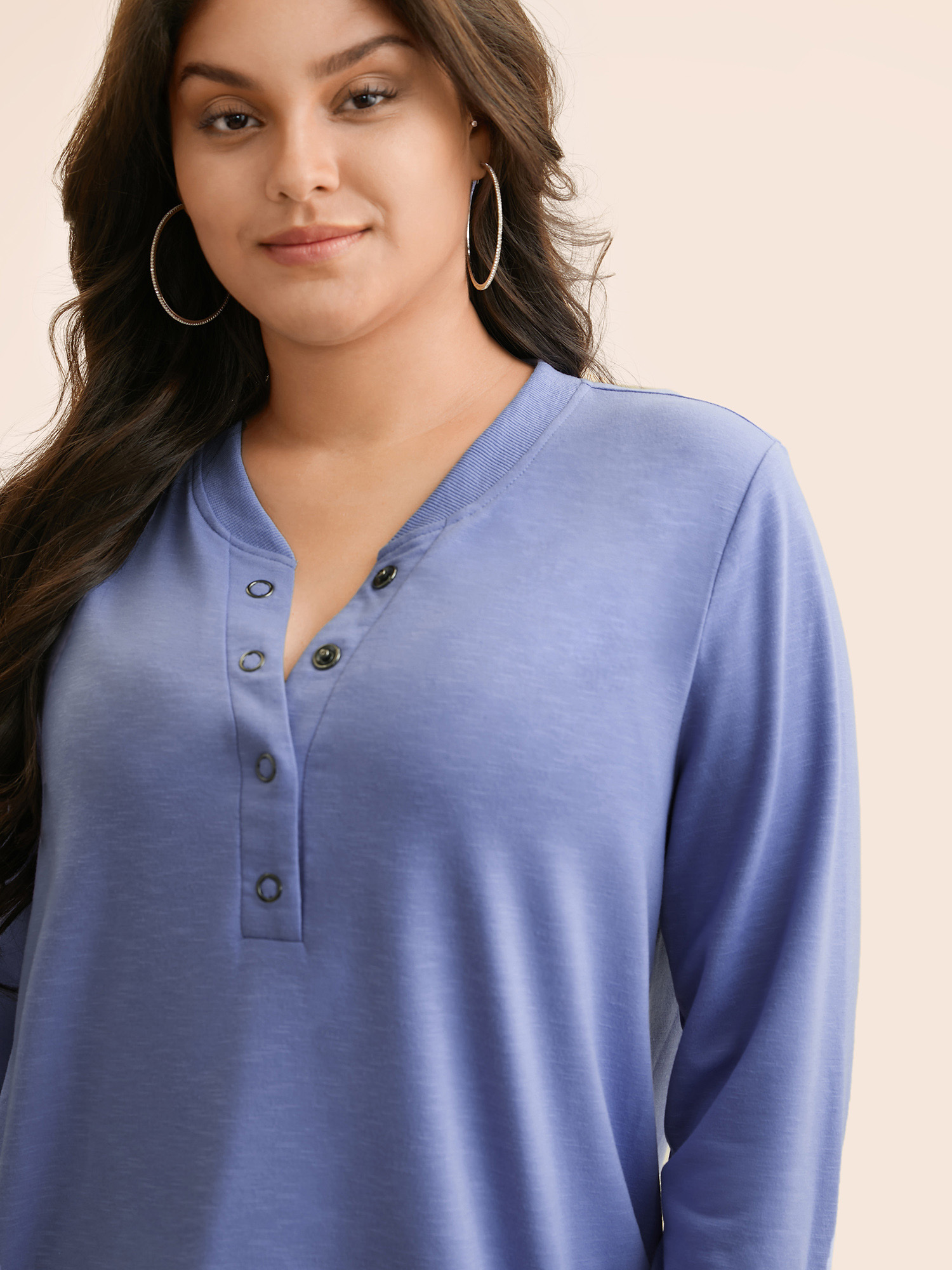 Plus Size Plain Notched Collar Button Up Sweatshirt Women Bluepurple Casual Patchwork Notched collar Everyday Sweatshirts BloomChic 12/L 