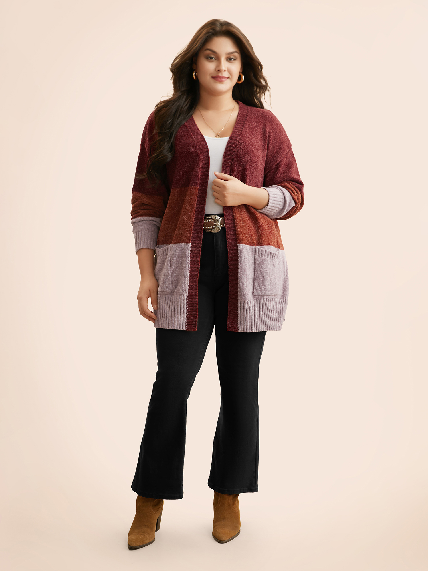 Plus Size Colorblock Contrast Patch Pocket Cardigan Yellowishbrown Women Casual Loose Long Sleeve Everyday Cardigans BloomChic 10/M 