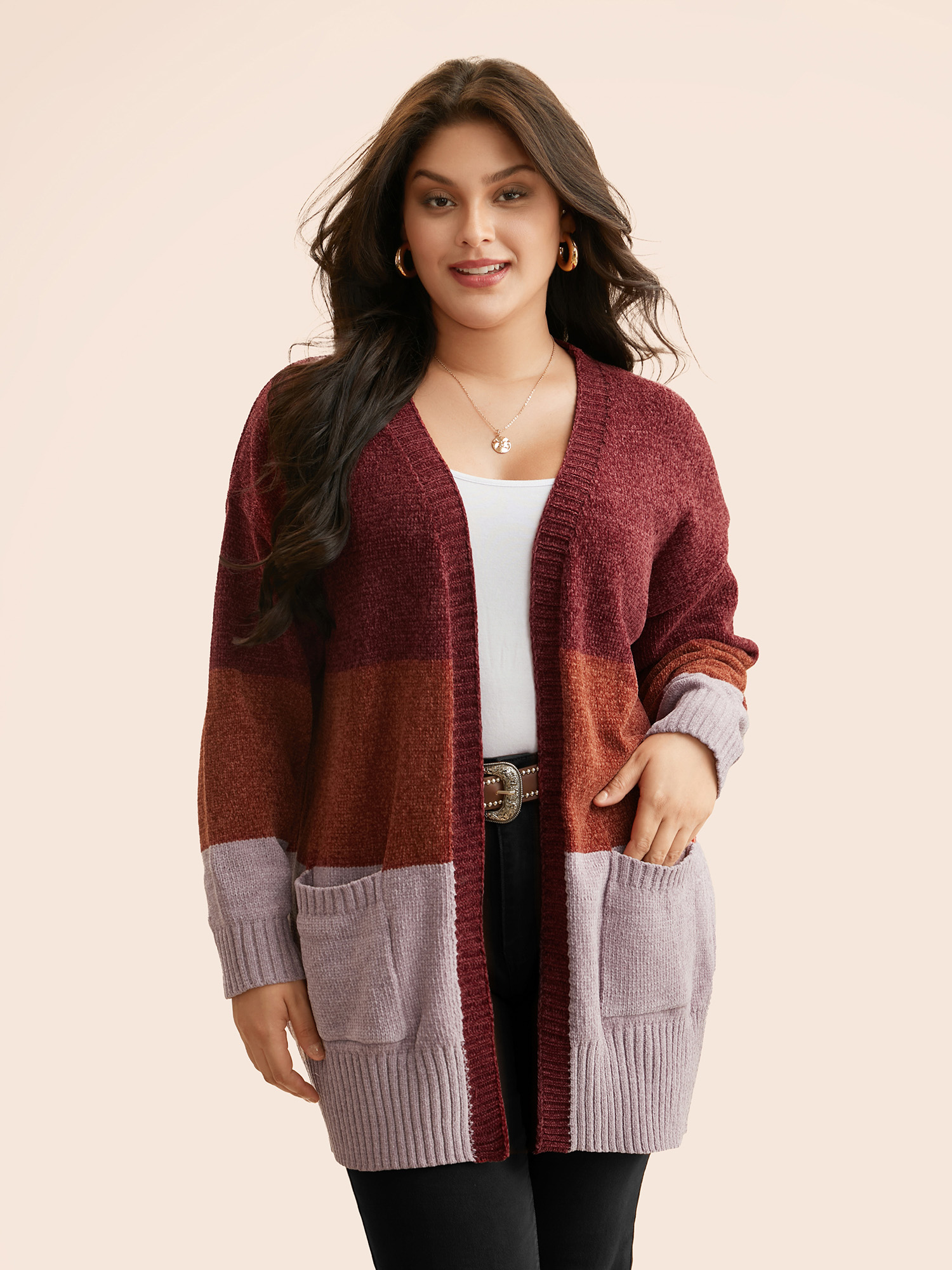 Plus Size Colorblock Contrast Patch Pocket Cardigan Yellowishbrown Women Casual Loose Long Sleeve Everyday Cardigans BloomChic 10/M 