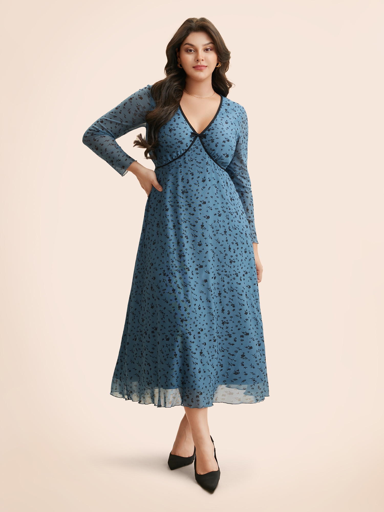 

Plus Size Ditsy Floral Bowknot Patchwork Mesh Dress Cerulean Women Elegant Woven ribbon&lace trim V-neck Long Sleeve Curvy BloomChic