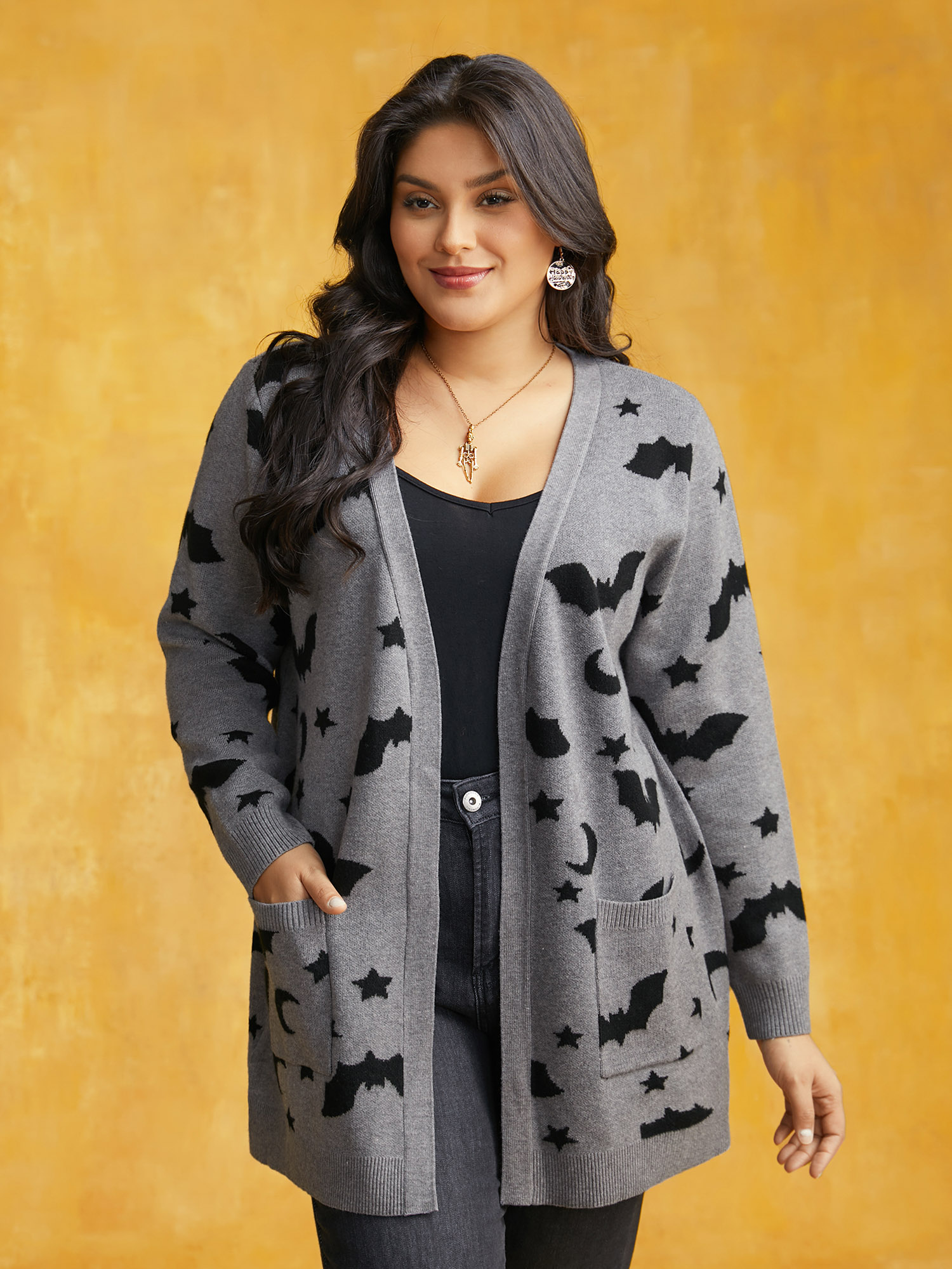 

Plus Size Bat Printed Jacquard Cardigan DarkGray Women Casual Loose Long Sleeve Everyday Cardigans BloomChic