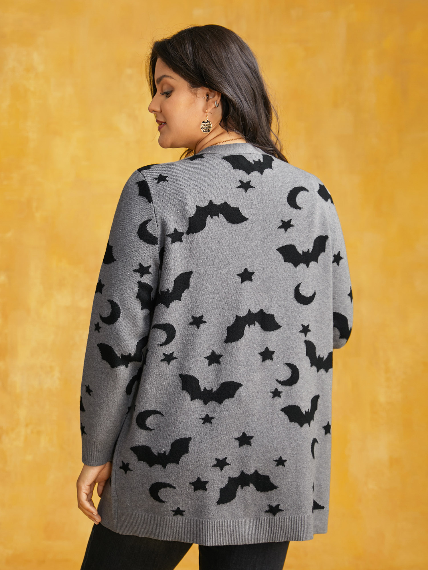 

Plus Size Bat Printed Jacquard Cardigan DarkGray Women Casual Loose Long Sleeve Everyday Cardigans BloomChic