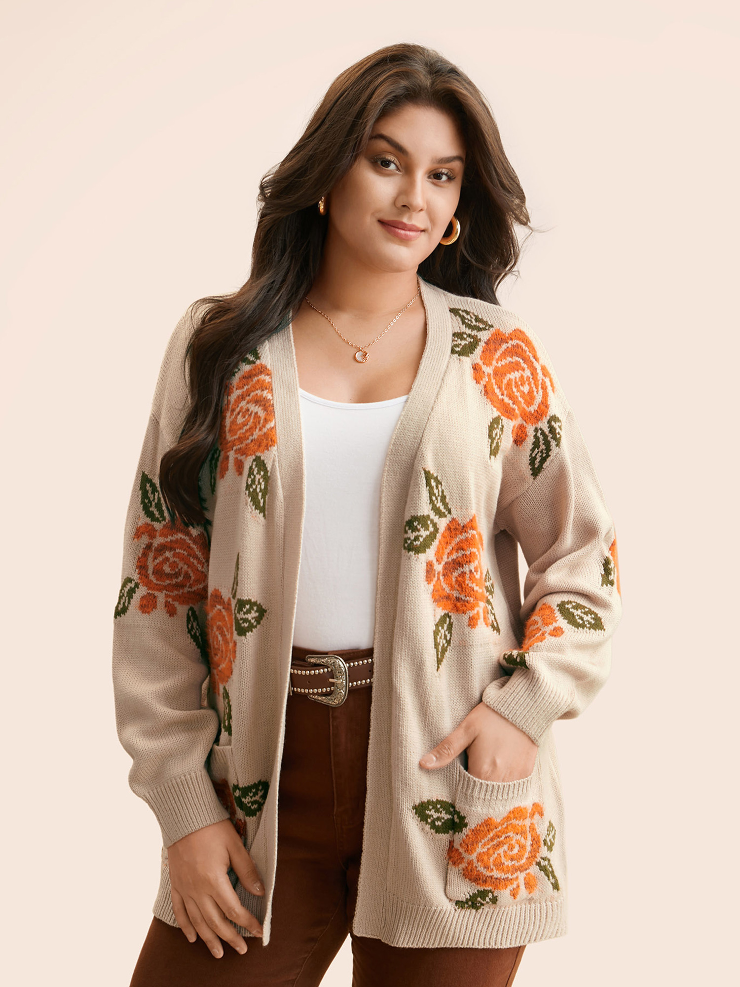 

Plus Size Floral Texture Patch Pocket Cardigan LightBrown Women Casual Loose Long Sleeve Everyday Cardigans BloomChic