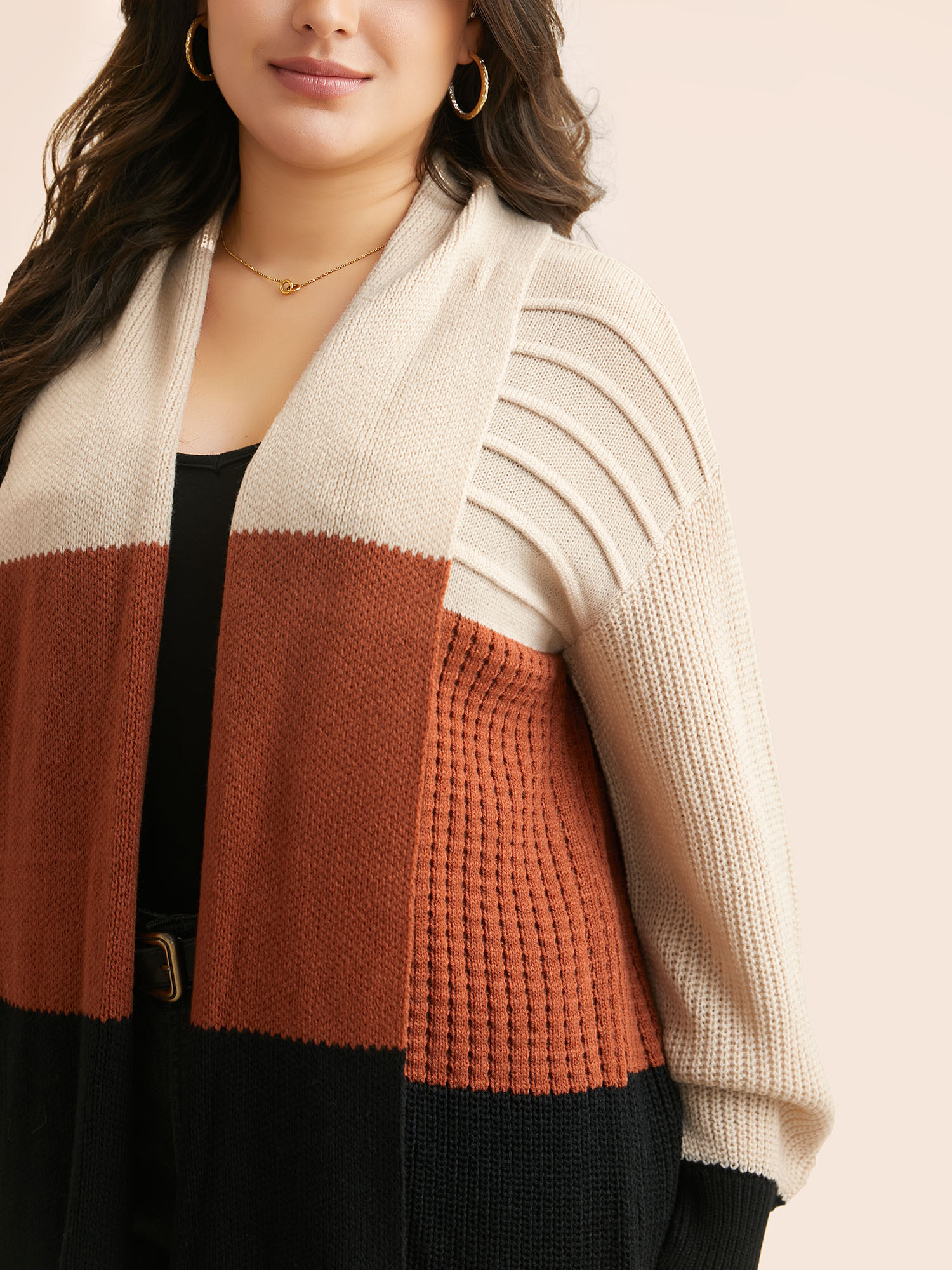 Plus Size Colorblock Contrast Lapel Collar Texture Cardigan Apricot Women Casual Loose Long Sleeve Everyday Cardigans BloomChic 28/5X 