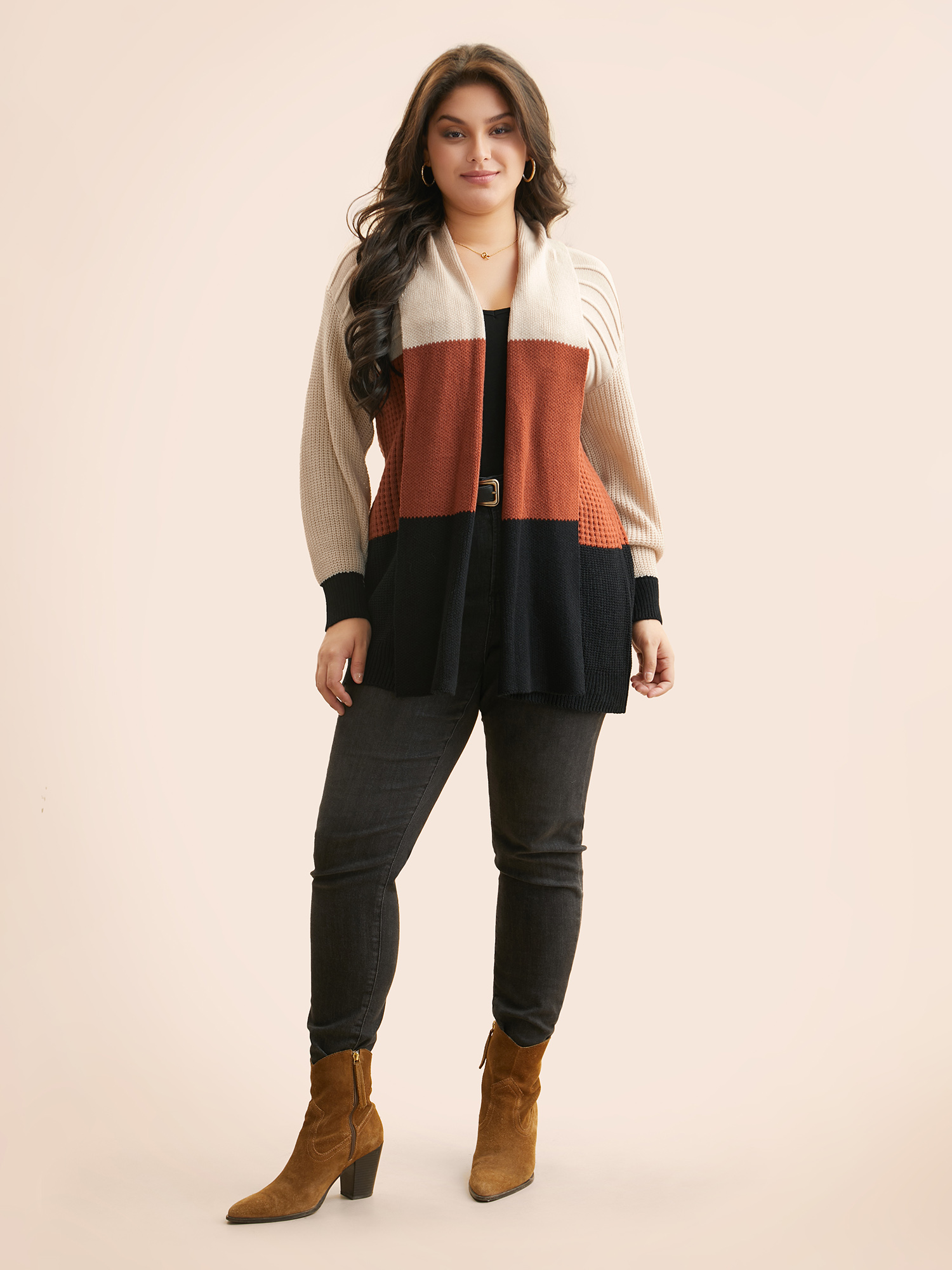Plus Size Colorblock Contrast Lapel Collar Texture Cardigan Apricot Women Casual Loose Long Sleeve Everyday Cardigans BloomChic 28/5X 
