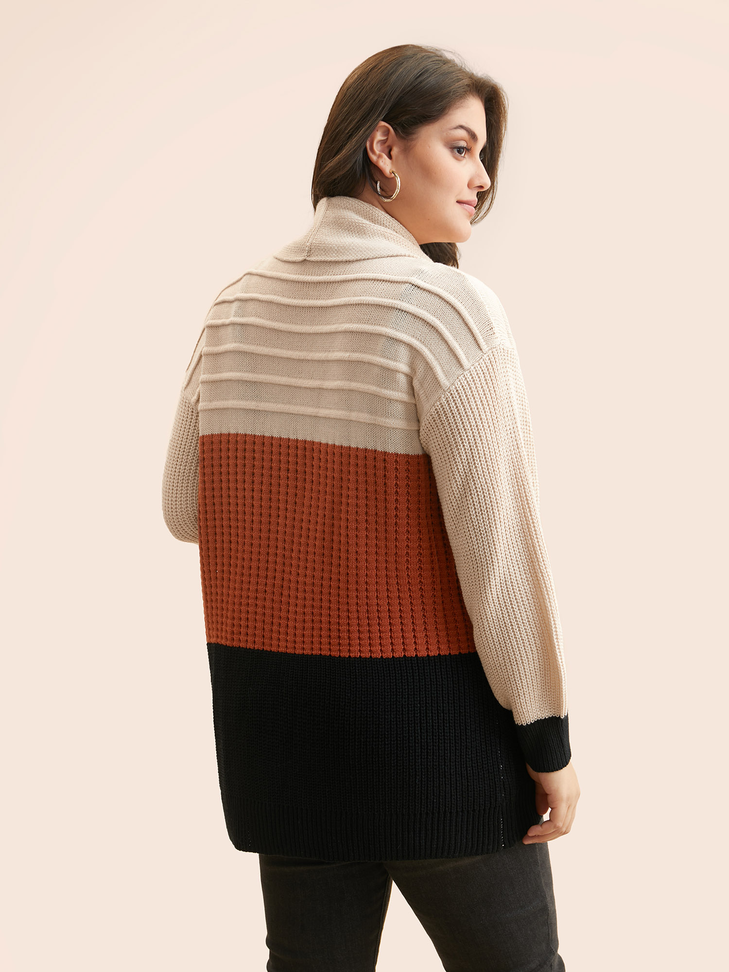 Plus Size Colorblock Contrast Lapel Collar Texture Cardigan Apricot Women Casual Loose Long Sleeve Everyday Cardigans BloomChic 28/5X 