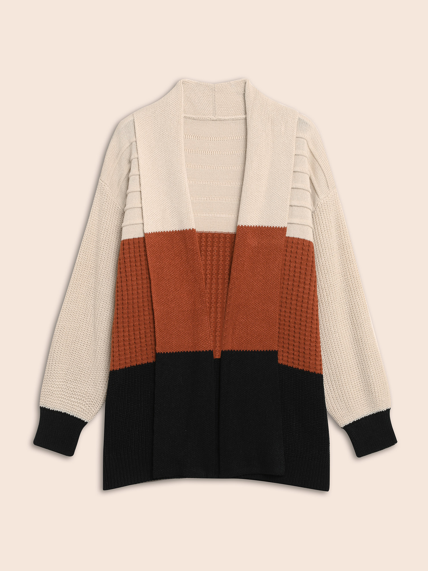 Plus Size Colorblock Contrast Lapel Collar Texture Cardigan Apricot Women Casual Loose Long Sleeve Everyday Cardigans BloomChic 28/5X 