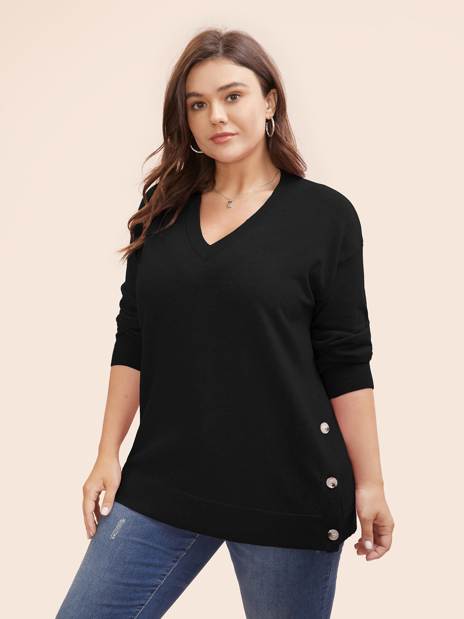 

Plus Size Supersoft Essentials Button Slit Hem Pullover Black Women Casual Long Sleeve V-neck Everyday Pullovers BloomChic