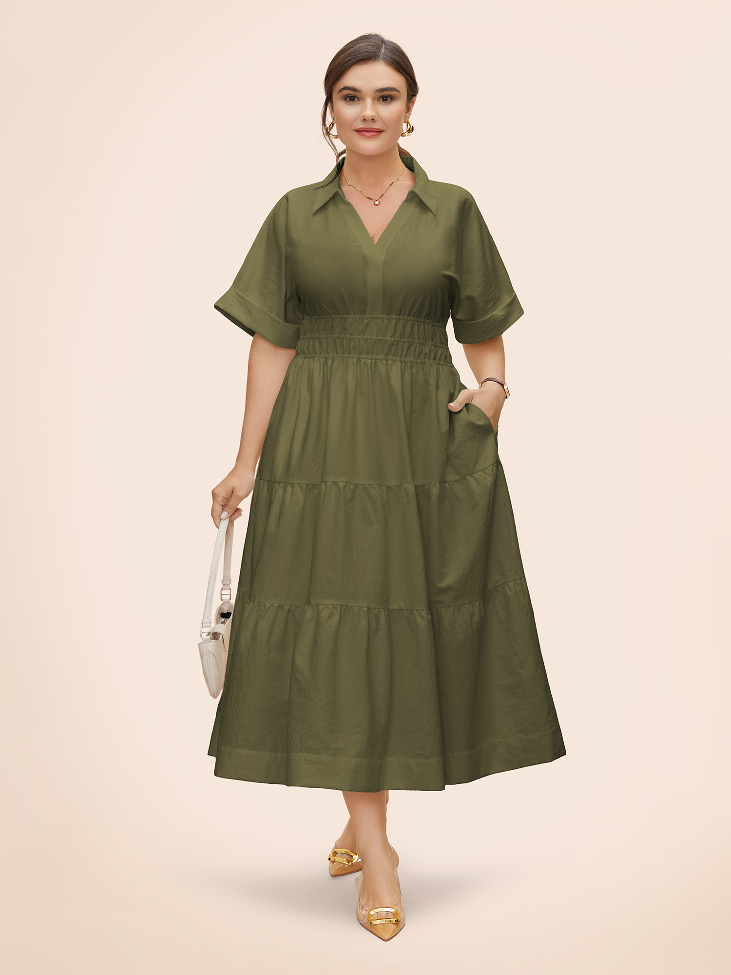 

Plus Size Midfield Tiered Midi Shirt Dress ArmyGreen Women At the Office Gathered Shirt collar Short sleeve Curvy BloomChic