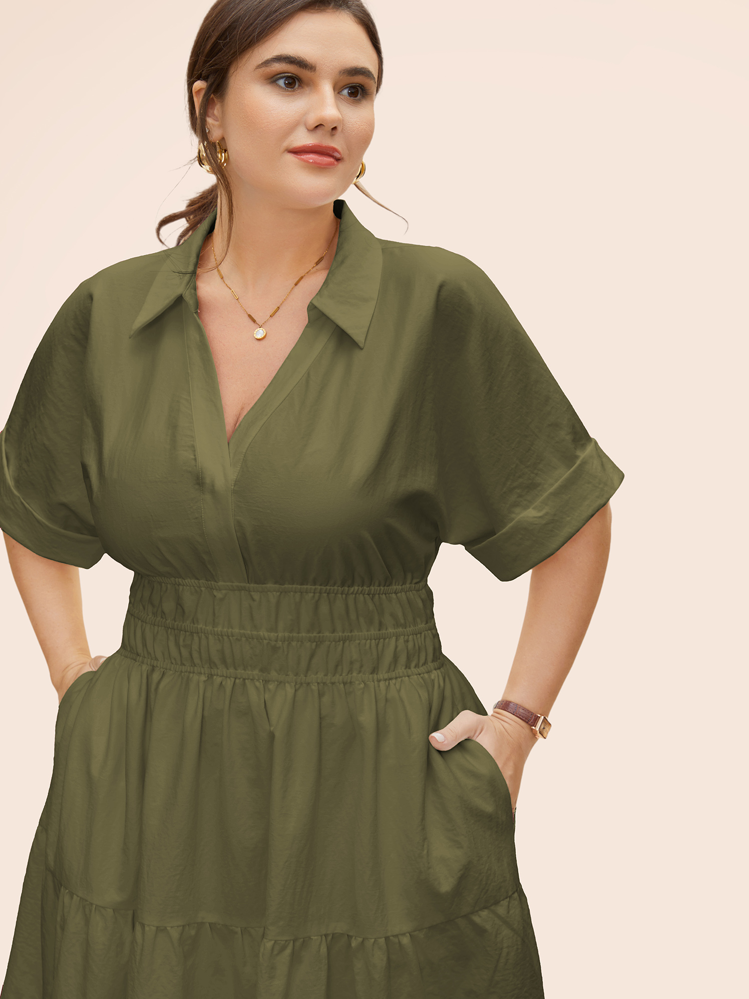 

Plus Size Midfield Tiered Midi Shirt Dress ArmyGreen Women At the Office Gathered Shirt collar Short sleeve Curvy BloomChic