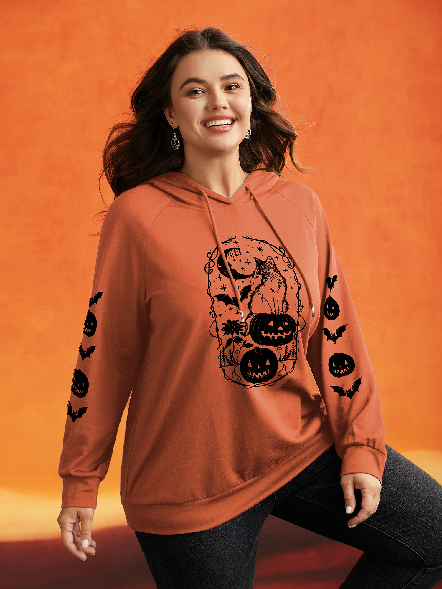 

Plus Size Trick & Chic Graphic Sweatshirt Women Brightorange Casual Drawstring Hooded Everyday Sweatshirts BloomChic