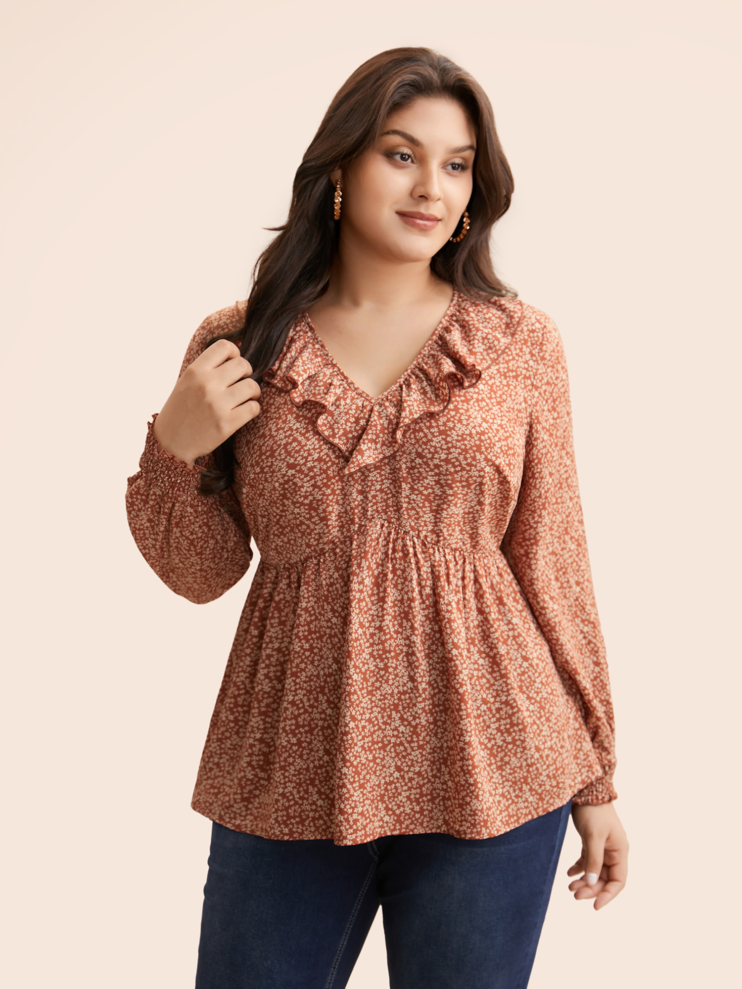 

Plus Size Rust Ditsy Floral Ruffle Trim Shirred Blouse Women Elegant Long Sleeve V-neck Everyday Blouses BloomChic