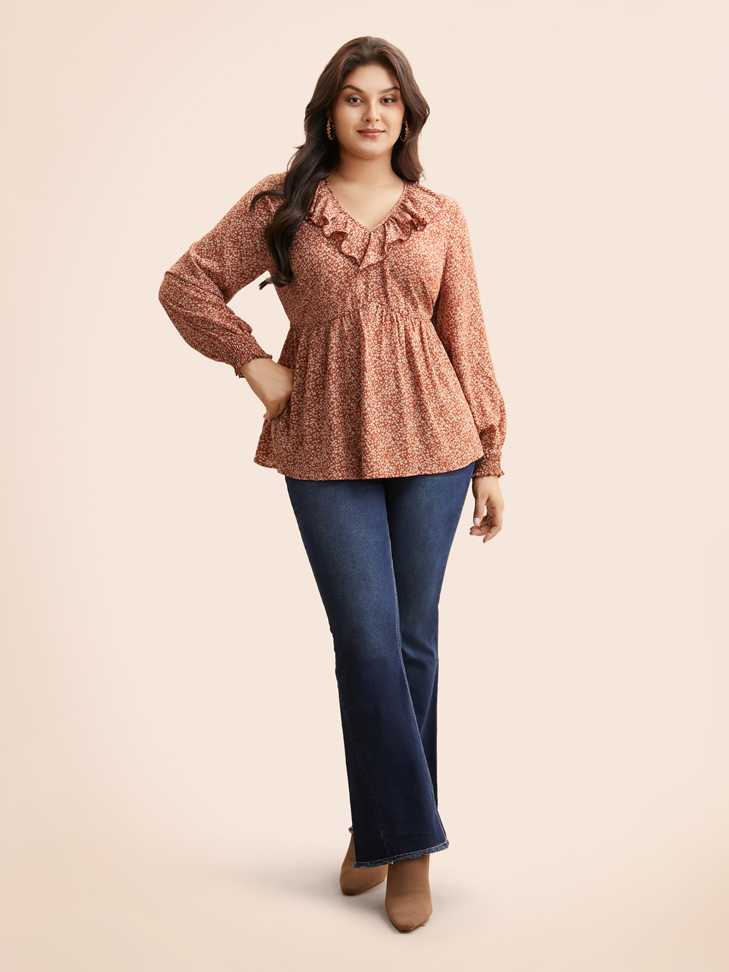 

Plus Size Rust Ditsy Floral Ruffle Trim Shirred Blouse Women Elegant Long Sleeve V-neck Everyday Blouses BloomChic