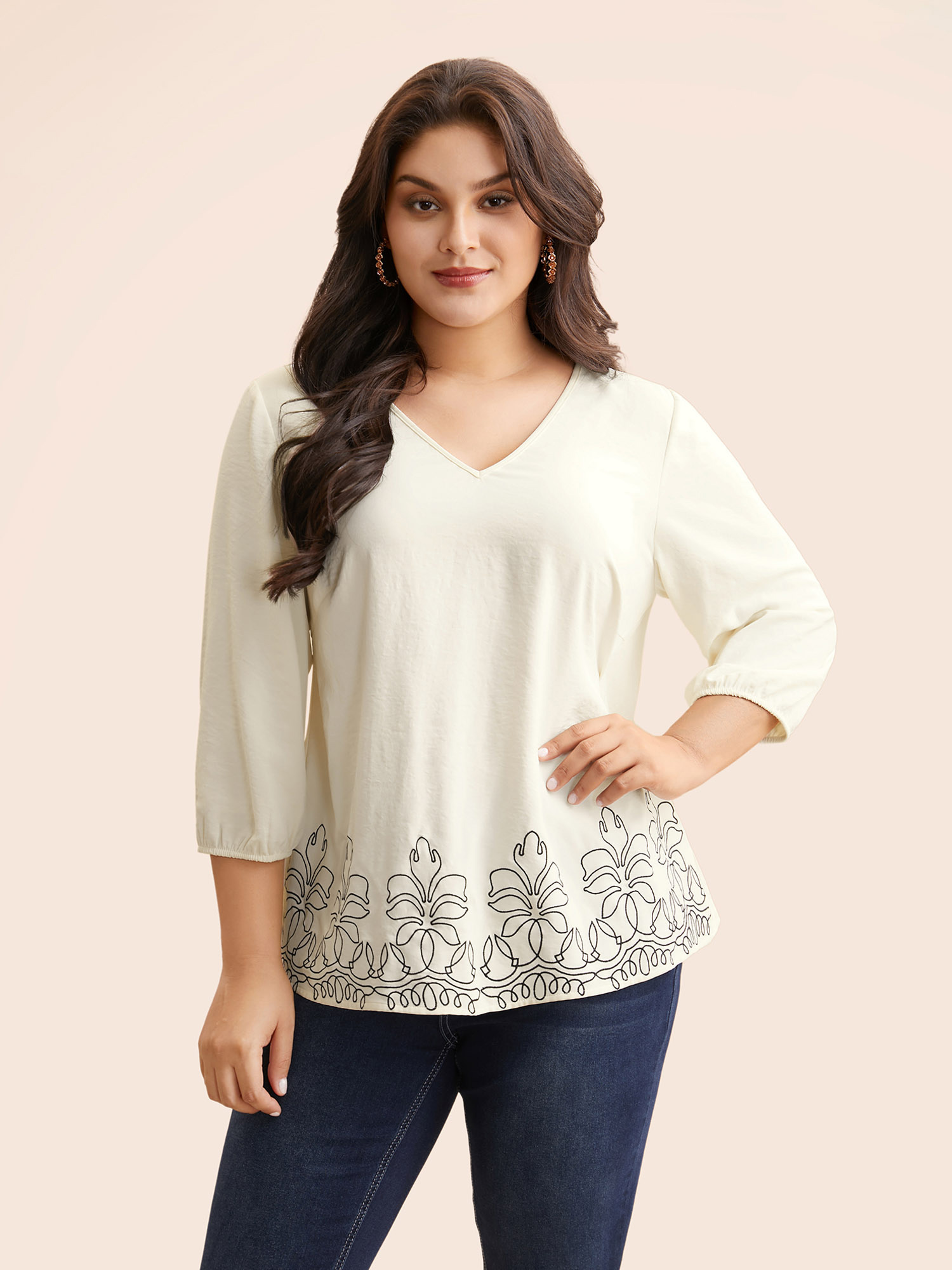 

Plus Size Ivory Floral Embroidered Plicated Detail Blouse Women Elegant Elbow-length sleeve V-neck Everyday Blouses BloomChic