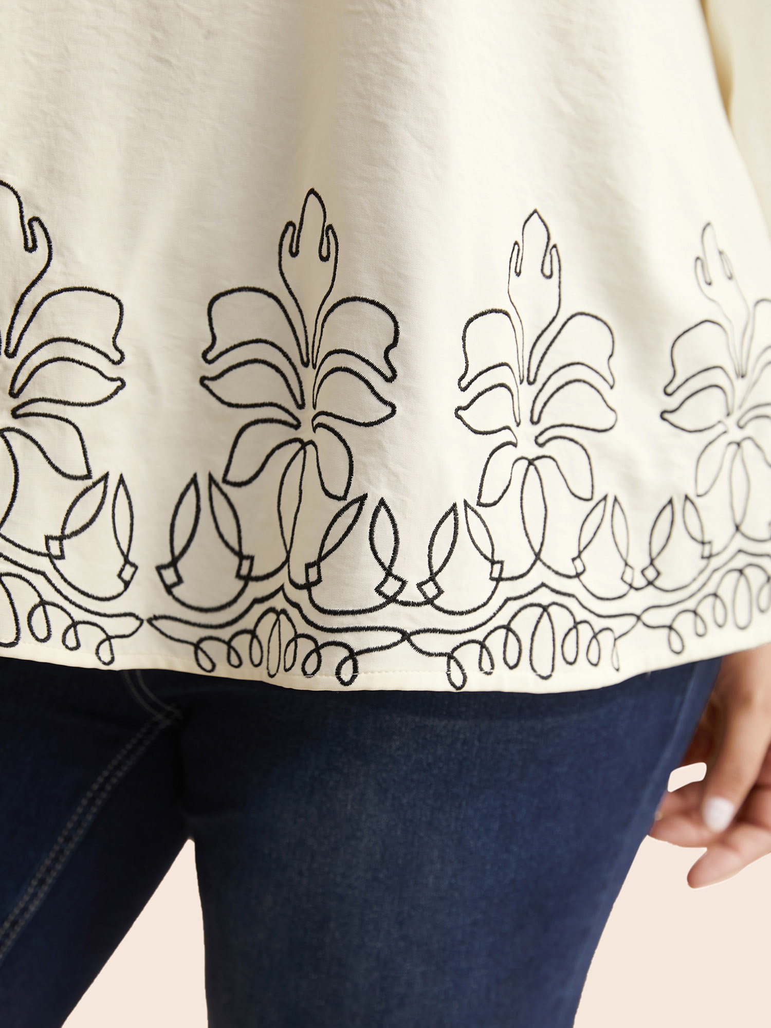 

Plus Size Ivory Floral Embroidered Plicated Detail Blouse Women Elegant Elbow-length sleeve V-neck Everyday Blouses BloomChic