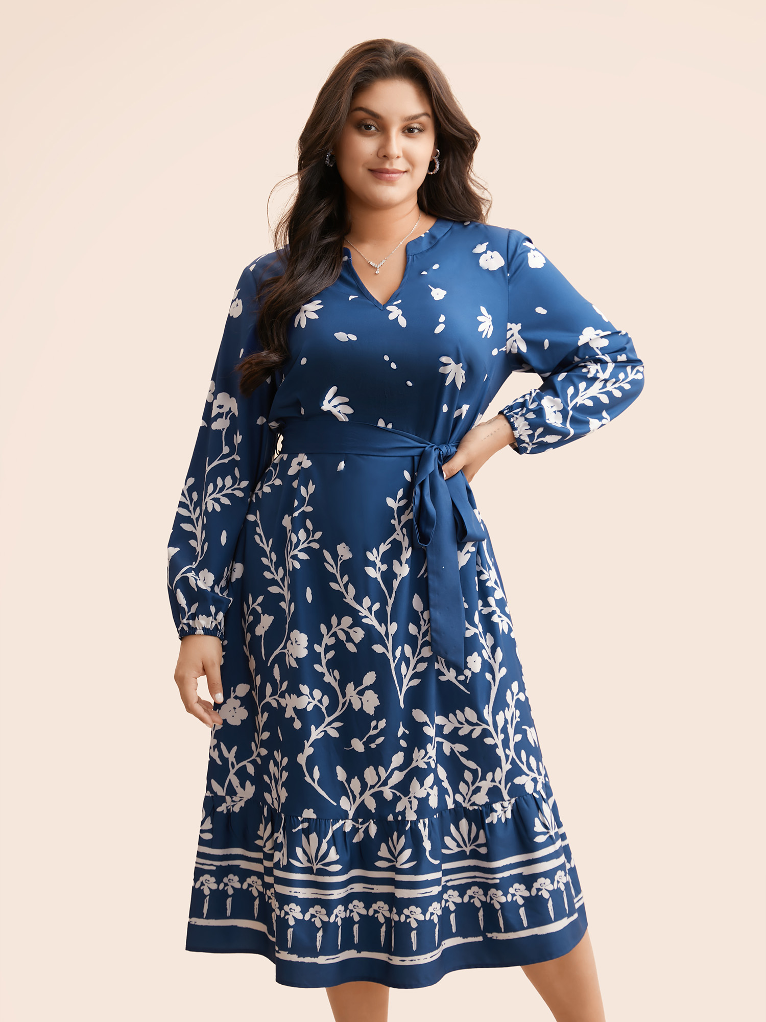 

Plus Size Notched Boho Print Belted Midi Dress Indigo Women Resort Belted Flat collar with V-notch Long Sleeve Curvy BloomChic