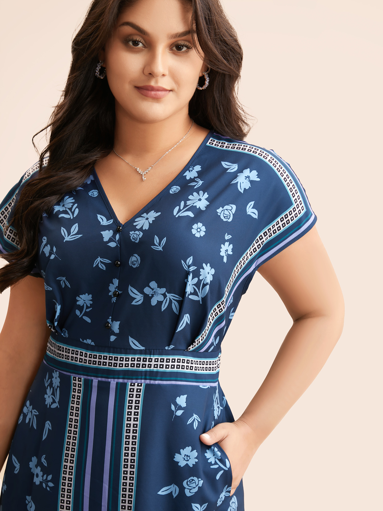 

Plus Size Boho Print Shirred Dolman Sleeve Dress Navy Women Elegant Pleated V-neck Short sleeve Curvy BloomChic