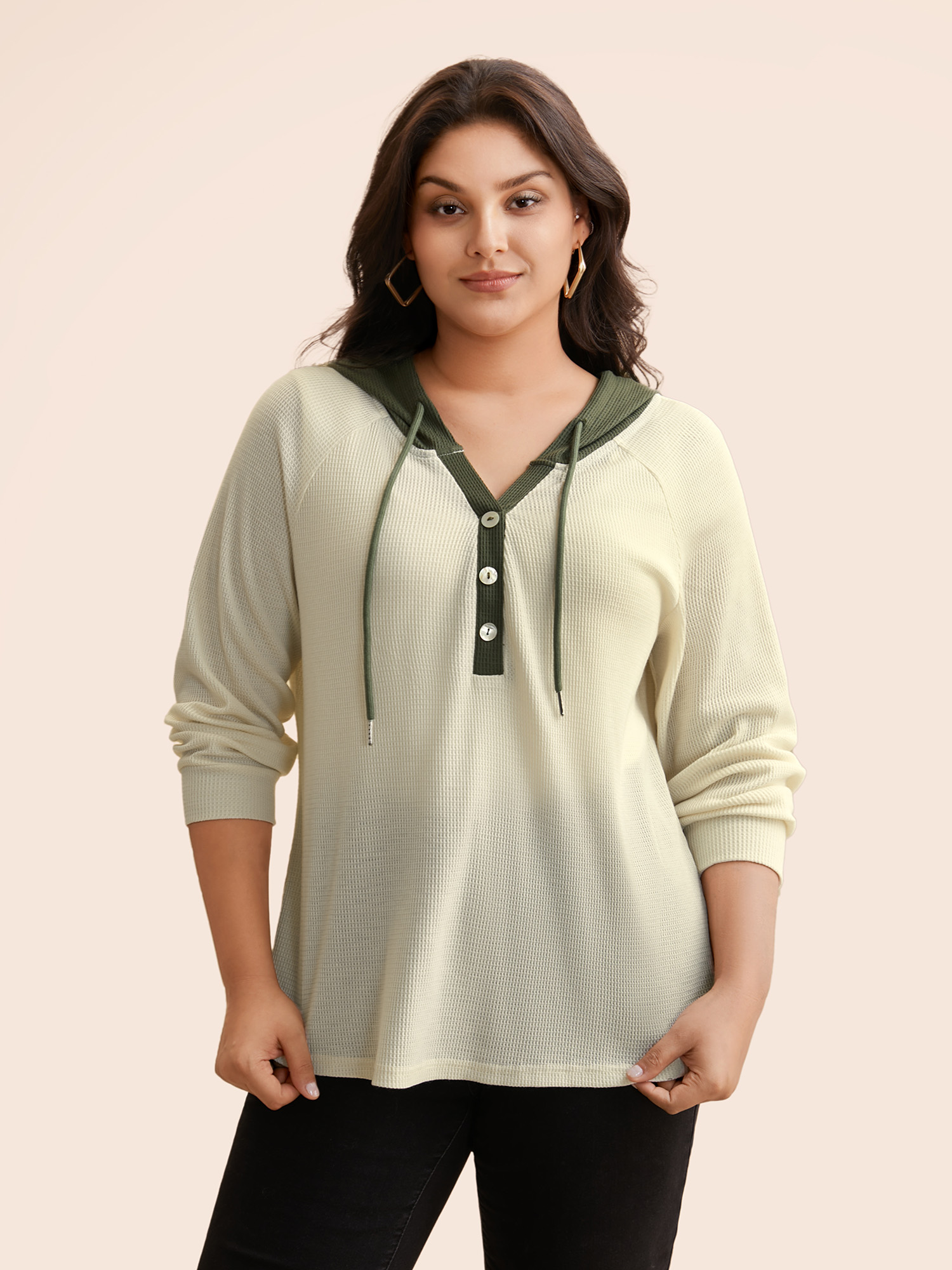 

Plus Size Waffle Knit Contrast Patchwork Hooded T-shirt Beige Women Casual Contrast Non Everyday T-shirts BloomChic