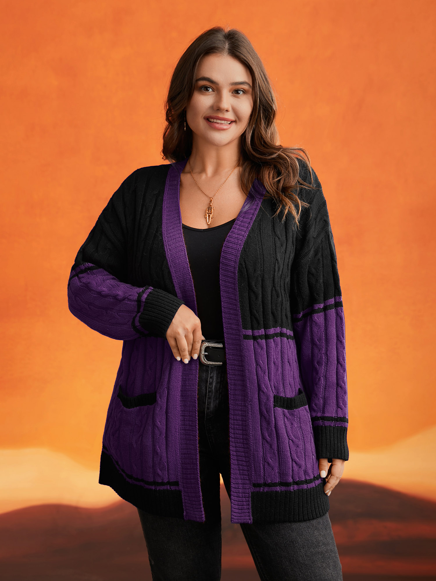 

Plus Size Jack-o-Lantern Motif Cable Knot Cardigan Deeppurple Women Casual Loose Long Sleeve Everyday Cardigans BloomChic