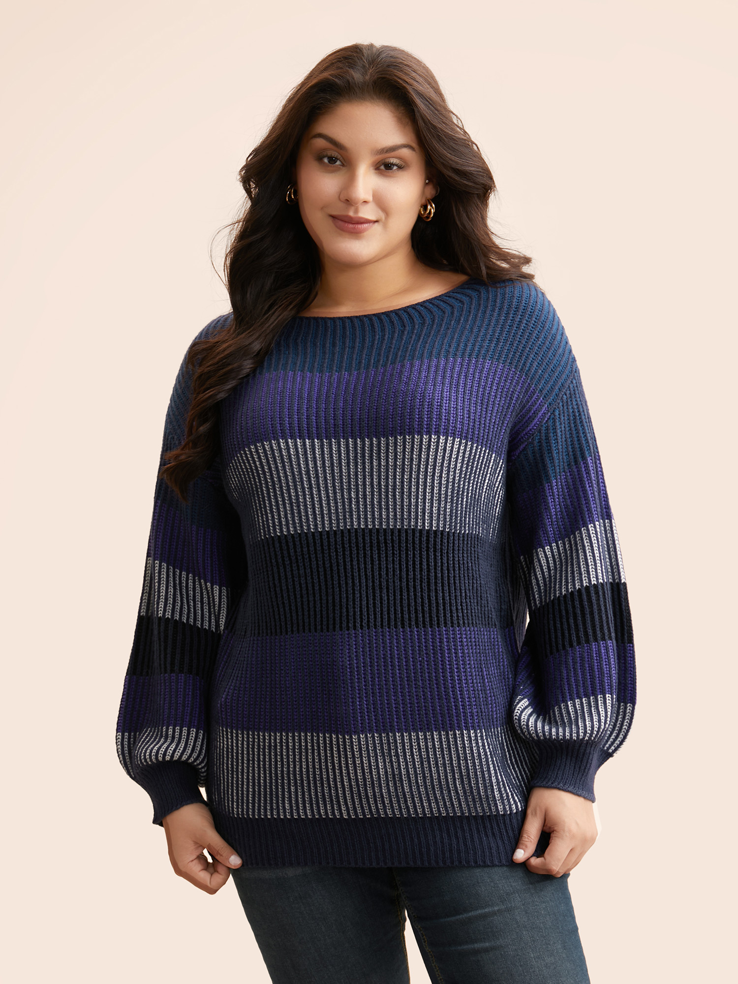 

Plus Size Textured Striped Contrast Patchwork Pullover Indigo Women Casual Long Sleeve Round Neck Everyday Pullovers BloomChic