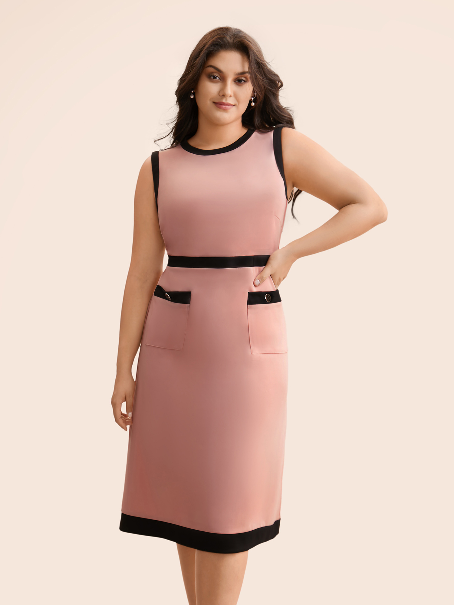 Plus Size Contrast Button Detail Tank Dress Lightpink Women Elegant Contrast Round Neck Sleeveless Curvy BloomChic 12/L 