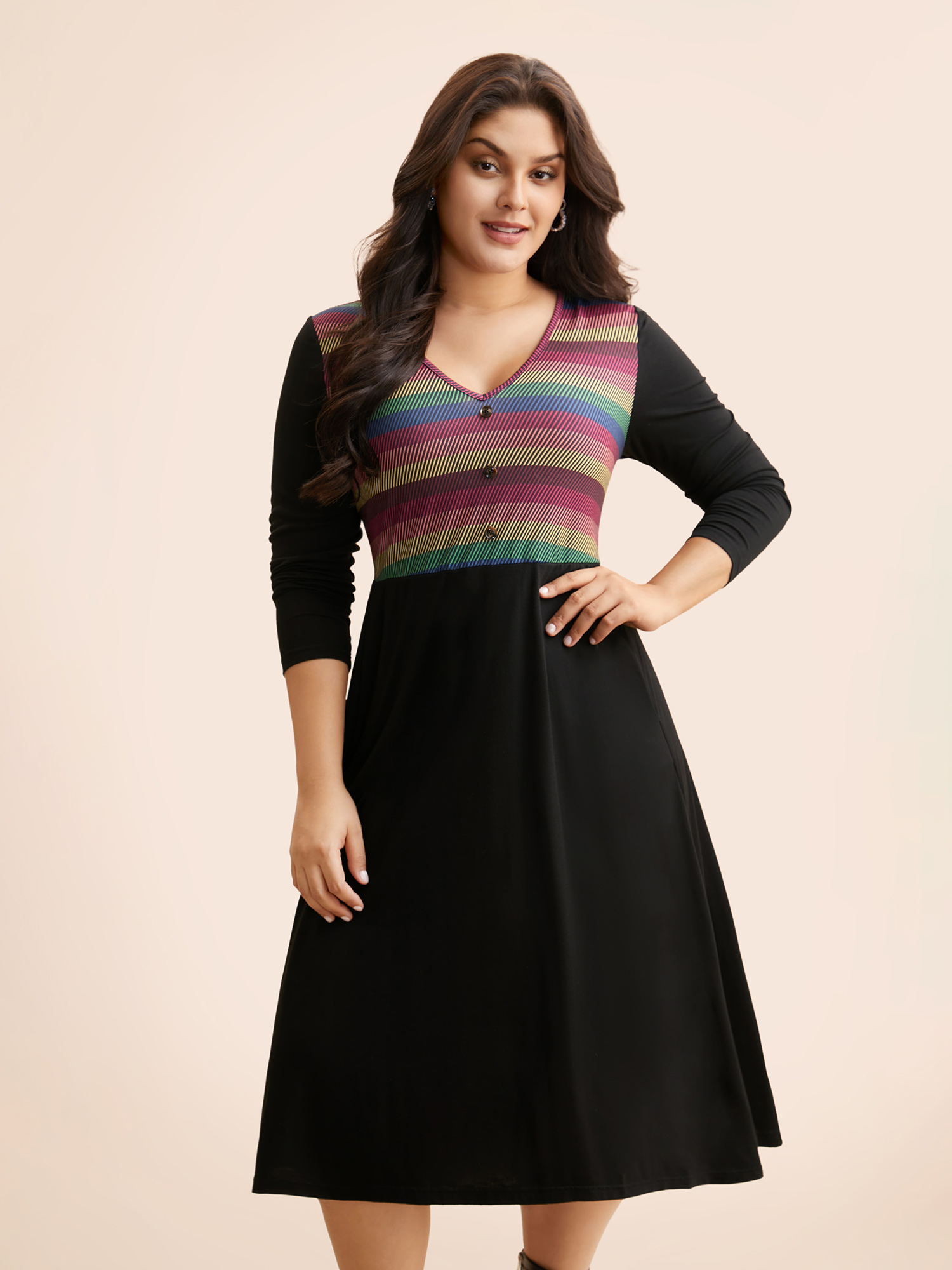 

Plus Size Contrast Striped Button Detail Midi Dress Black Women Elegant Contrast V-neck Long Sleeve Curvy BloomChic