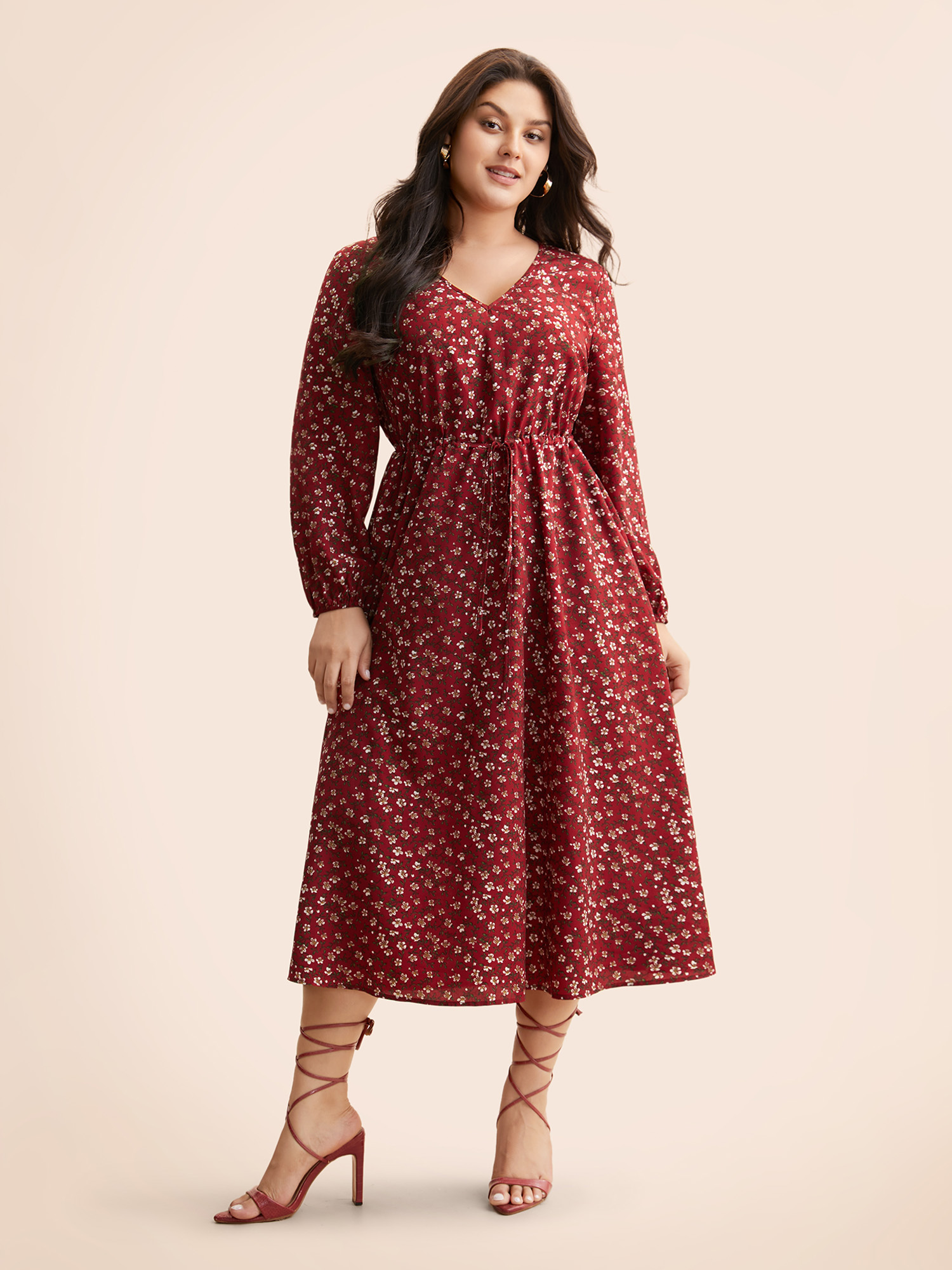 

Plus Size V Neck Ditsy Floral Drawstring Dress Scarlet Women Elegant Drawstring V-neck Long Sleeve Curvy BloomChic