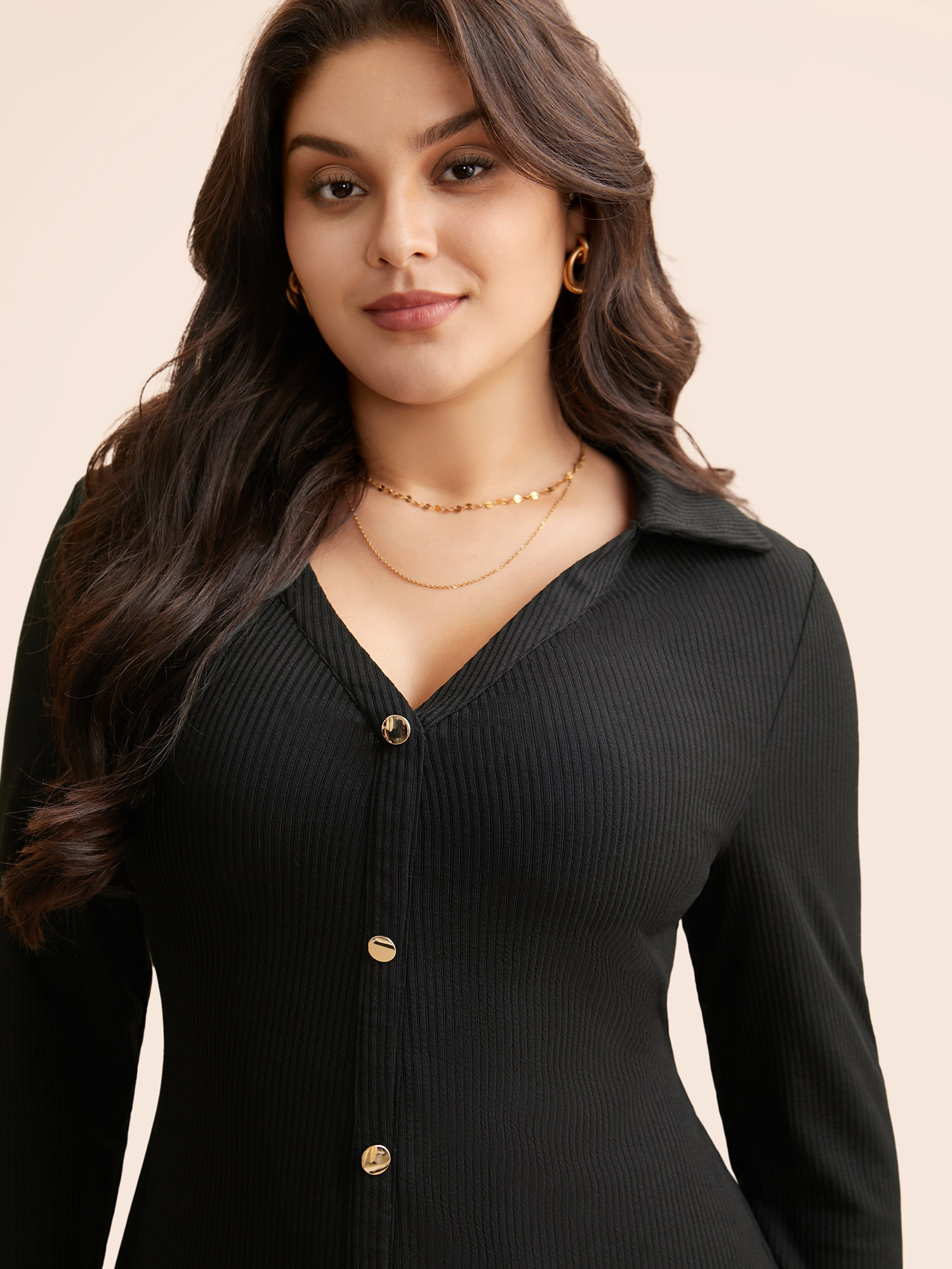 

Plus Size Texture Patchwork Pleated Metal Detail Dress Black Women Elegant Texture Shirt collar Long Sleeve Curvy BloomChic