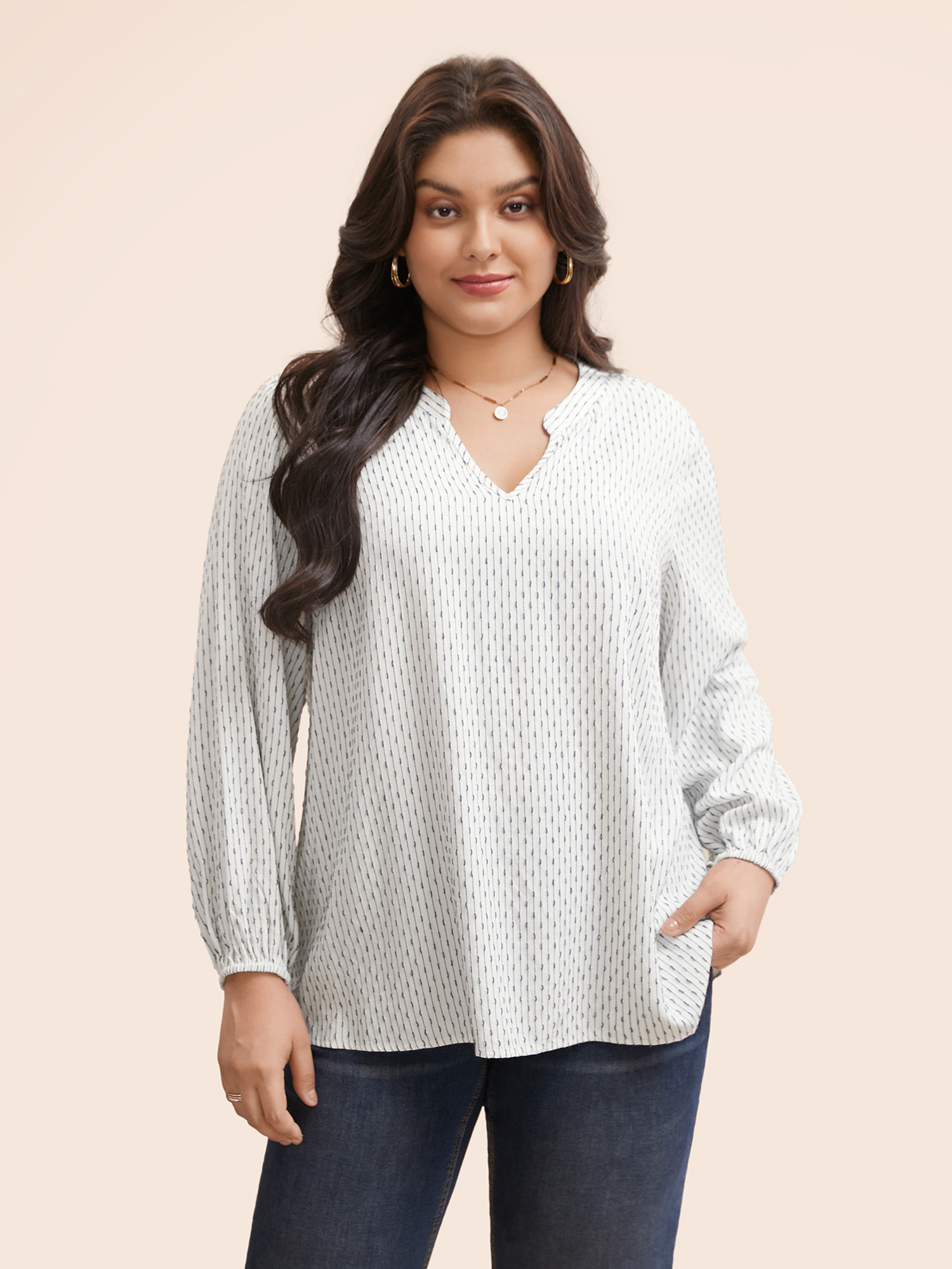 

Plus Size WhiteSmoke Notched Textured Lantern Sleeve Blouse Women Elegant Long Sleeve V-neck Everyday Blouses BloomChic