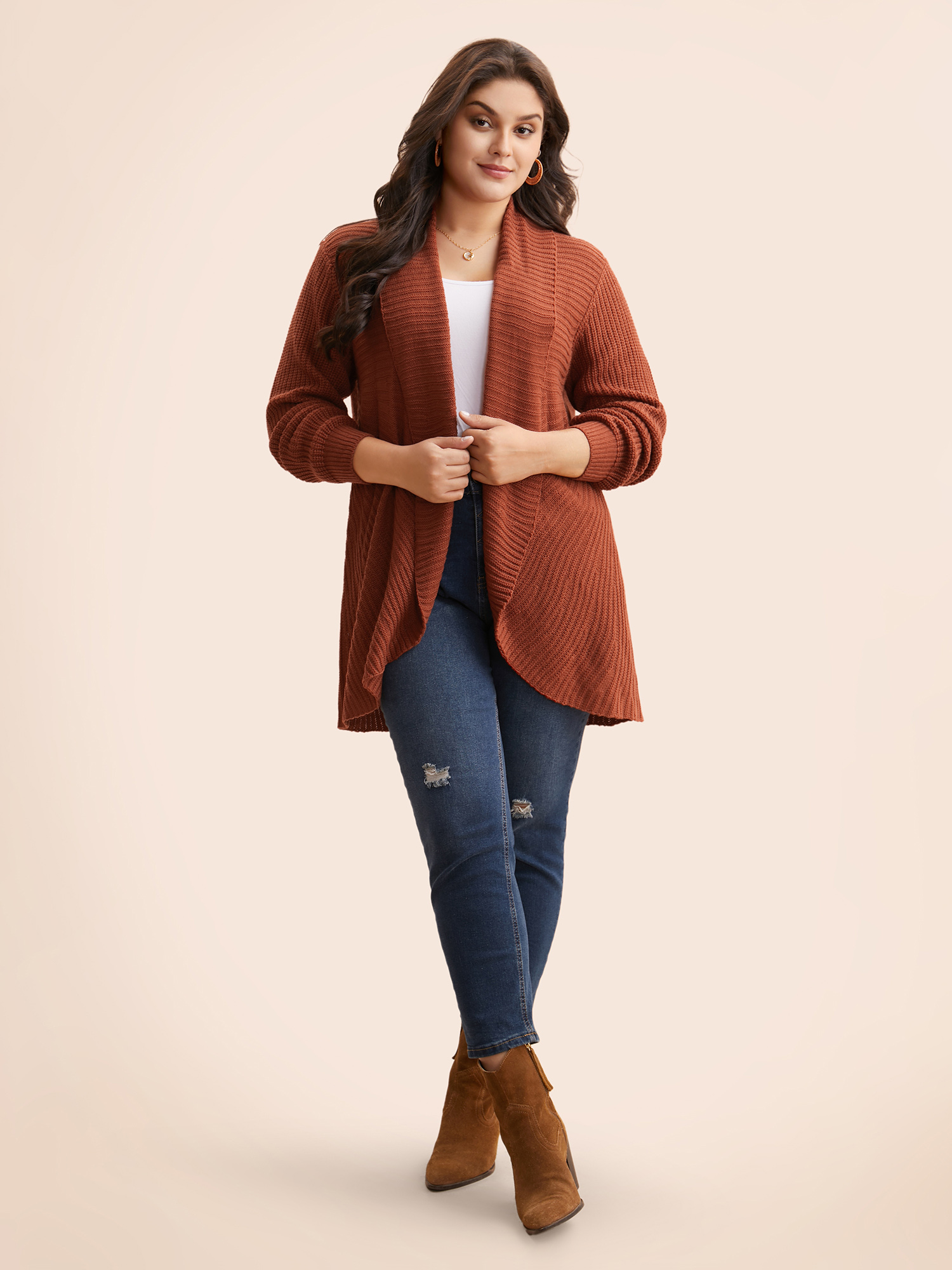 

Plus Size Kimono Collar Texture Cable Knit Cardigan Russet Women Casual Loose Long Sleeve Everyday Cardigans BloomChic