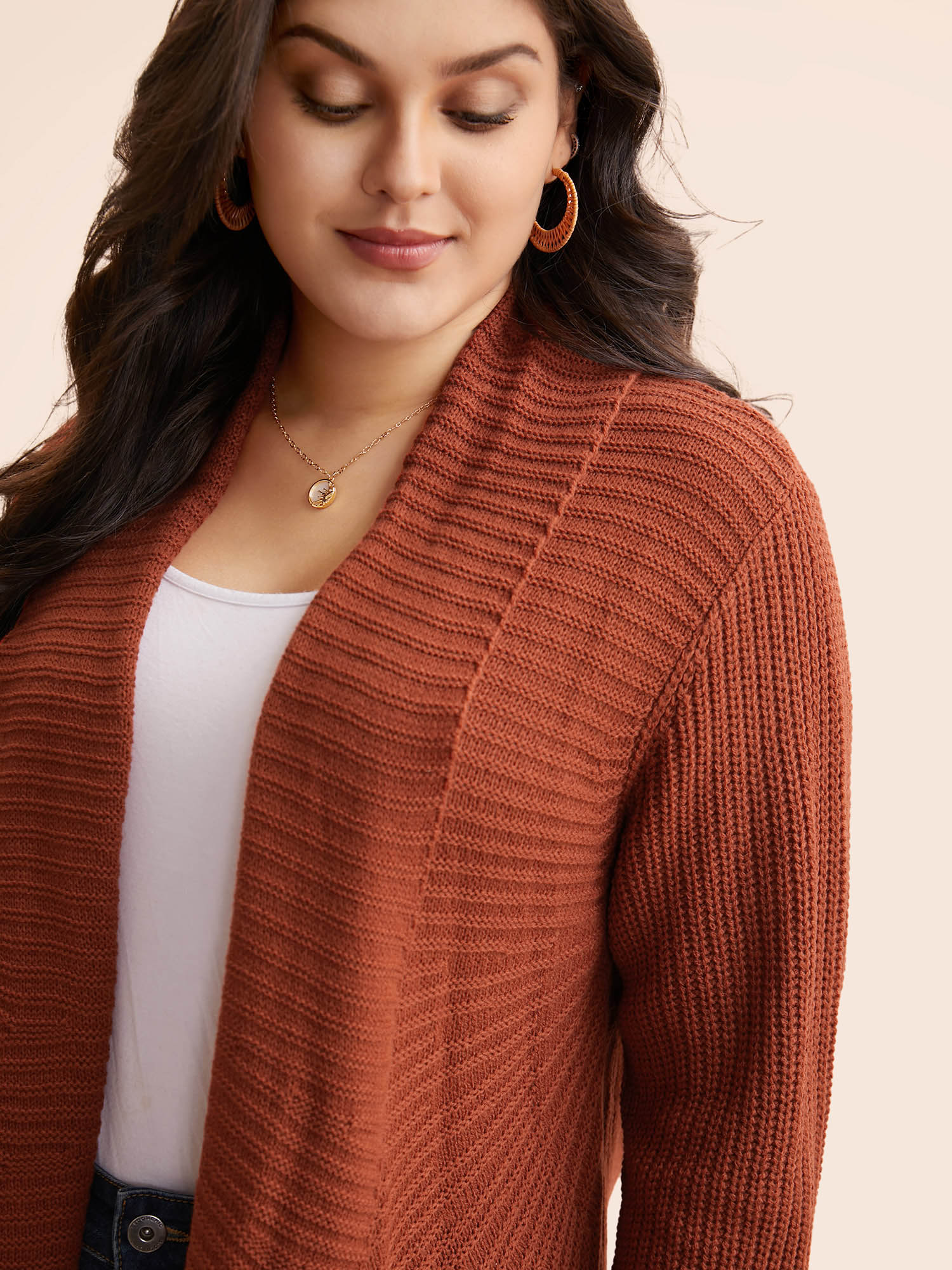 

Plus Size Kimono Collar Texture Cable Knit Cardigan Russet Women Casual Loose Long Sleeve Everyday Cardigans BloomChic