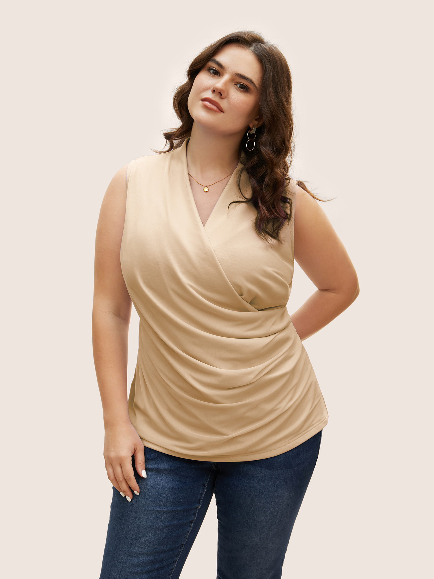 

Plus Size Overlap Collar Solid Pleated Tank Top Women LightBrown Elegant Pleated Overlap Collar Everyday Tank Tops Camis BloomChic