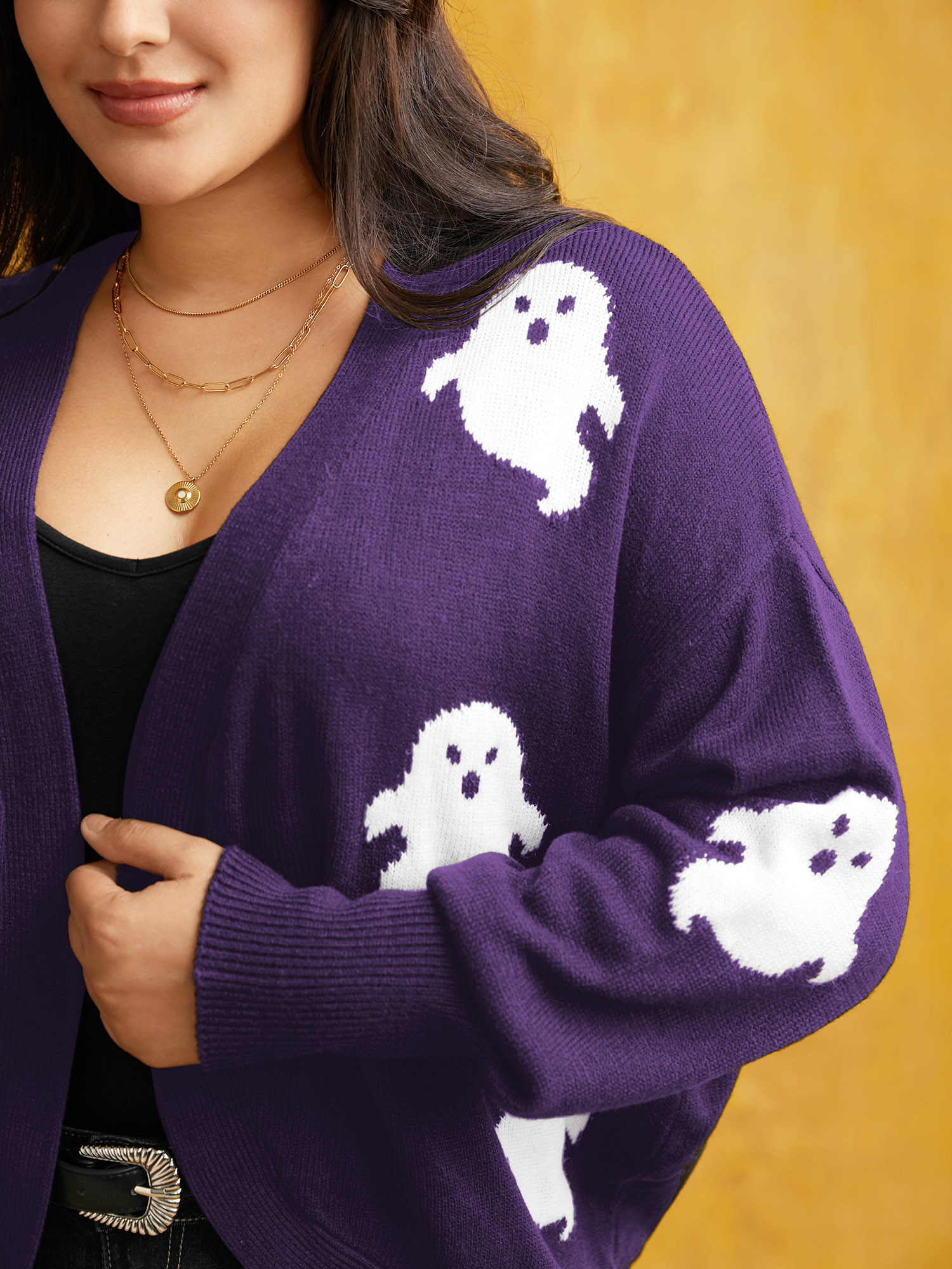 

Plus Size Happy Ghost Jacquard Arc Cardigan Eggplant Women Casual Loose Long Sleeve Everyday Cardigans BloomChic