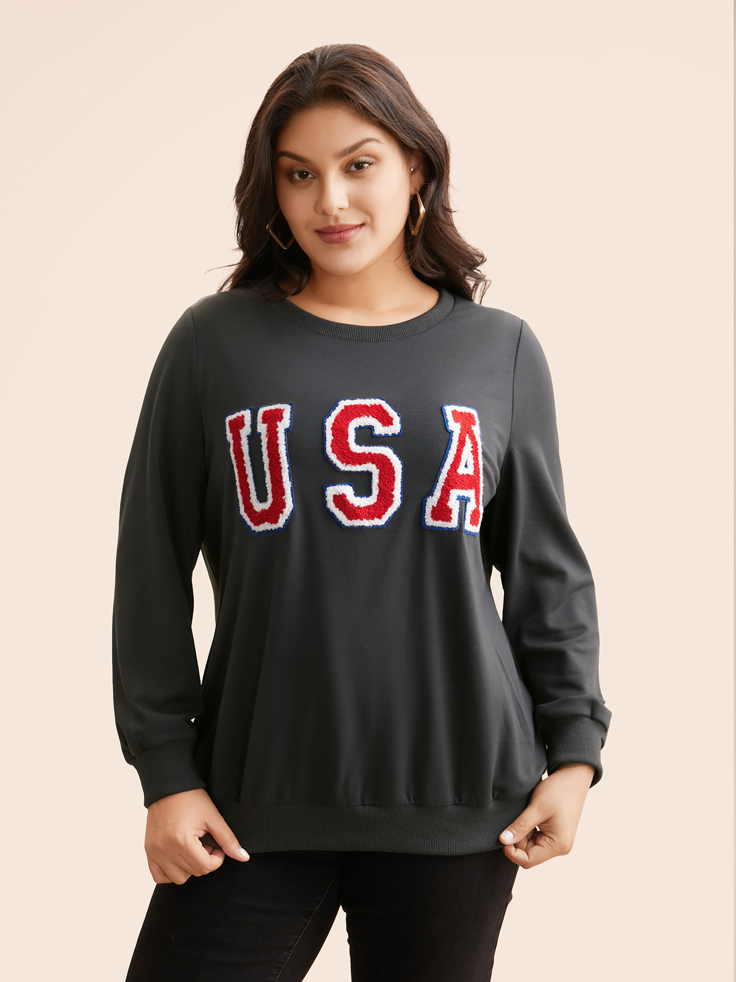 

Plus Size USA Embroidered Patch Round Neck Sweatshirt Women DimGray Casual Contrast Loose Round Neck Everyday Sweatshirts BloomChic