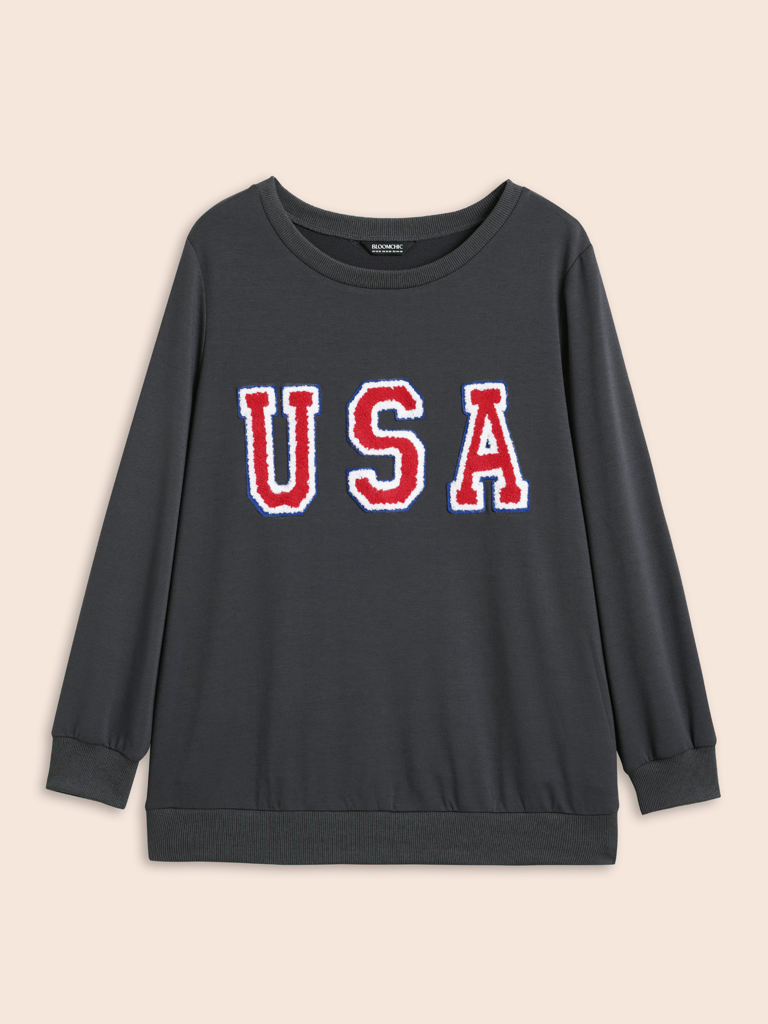 

Plus Size USA Embroidered Patch Round Neck Sweatshirt Women DimGray Casual Contrast Loose Round Neck Everyday Sweatshirts BloomChic