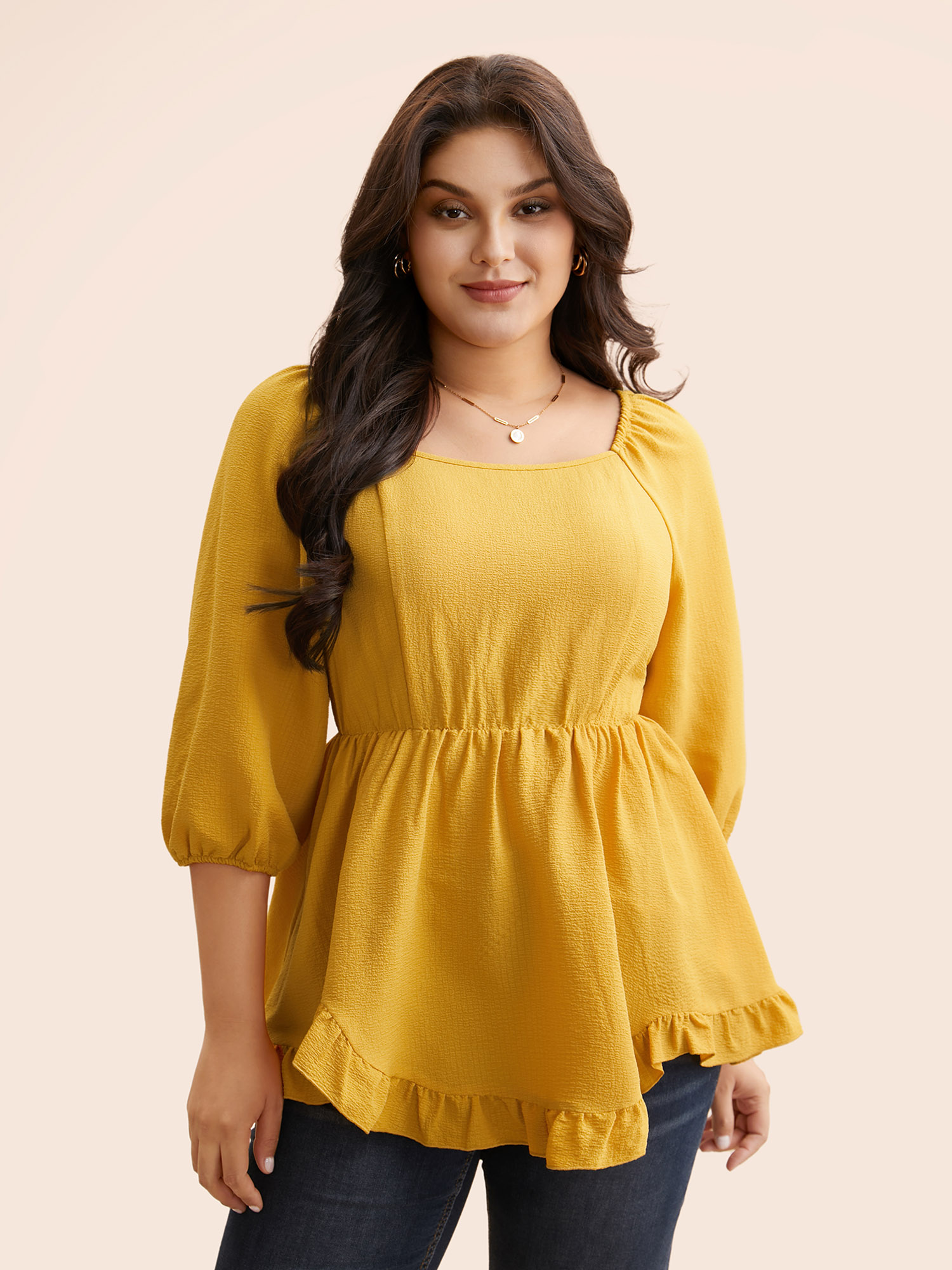 

Plus Size Turmeric Solid Square Neck Ruffles Shirred Blouse Women Elegant Elbow-length sleeve Square Neck Everyday Blouses BloomChic