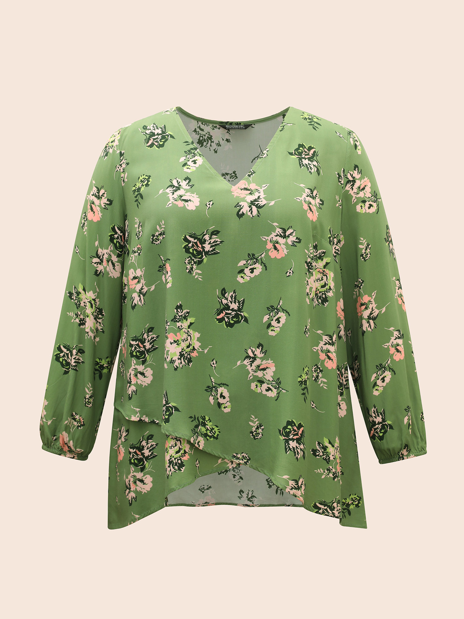 

Plus Size Applegreen Floral Overlapping Asymmetrical Hem Blouse Women Elegant Long Sleeve V-neck Everyday Blouses BloomChic