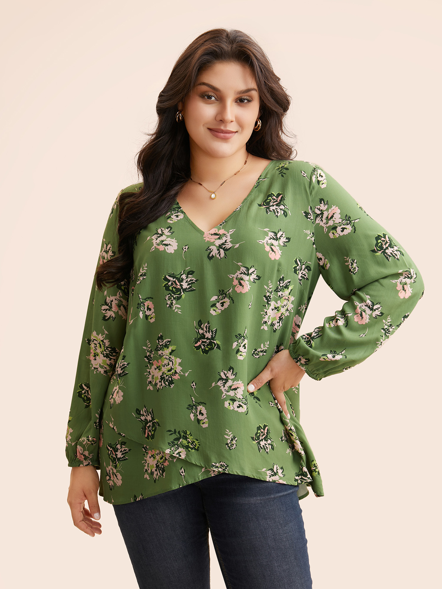 

Plus Size Applegreen Floral Overlapping Asymmetrical Hem Blouse Women Elegant Long Sleeve V-neck Everyday Blouses BloomChic