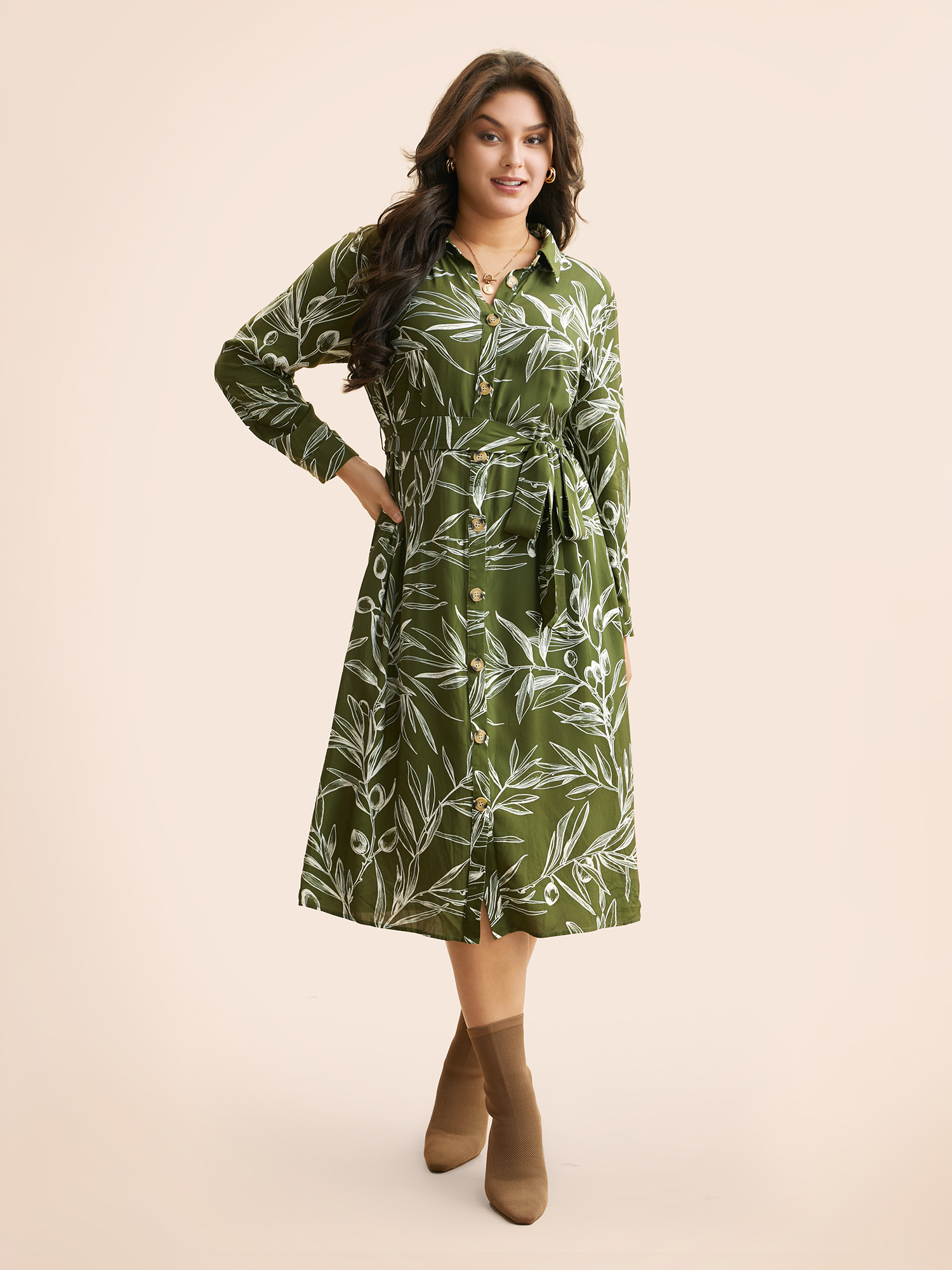 

Plus Size Shirt Collar Plants Print Belted Dress Olive Women Casual Shirt collar Long Sleeve Curvy BloomChic