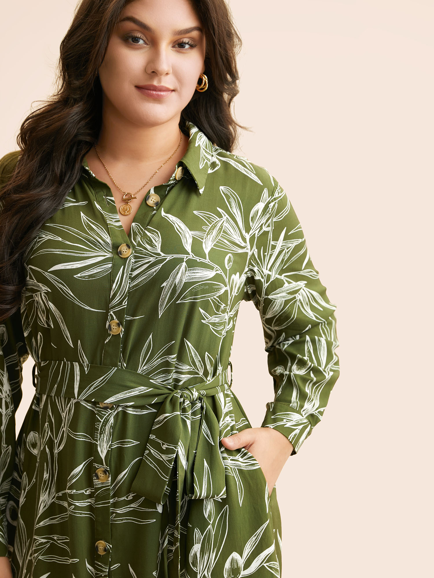 

Plus Size Shirt Collar Plants Print Belted Dress Olive Women Casual Shirt collar Long Sleeve Curvy BloomChic