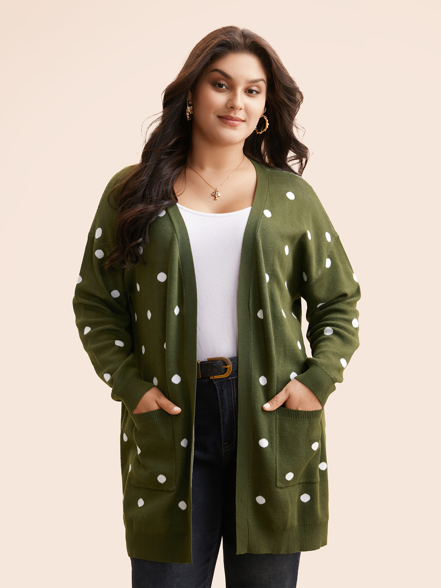 

Plus Size Polka Dot Kimono Collar Patch Pocket Cardigan ArmyGreen Women Casual Loose Long Sleeve Everyday Cardigans BloomChic