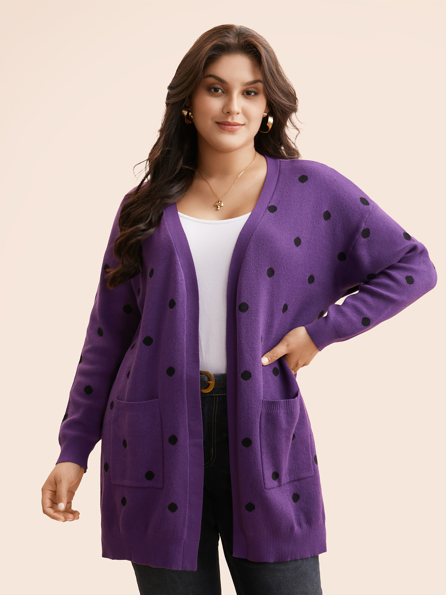 

Plus Size Polka Dot Kimono Collar Patch Pocket Cardigan Deeppurple Women Casual Loose Long Sleeve Everyday Cardigans BloomChic