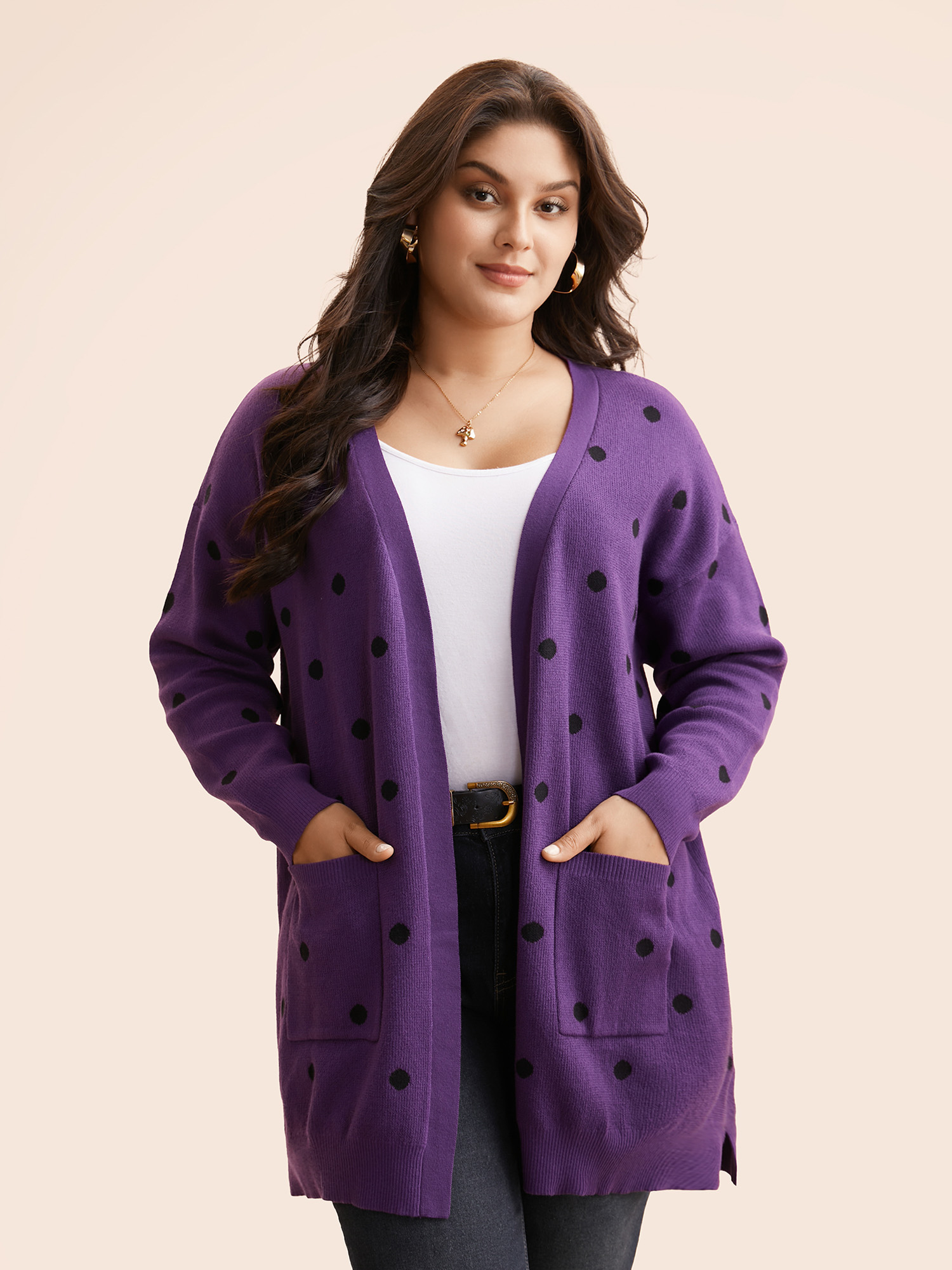 Plus Size Polka Dot Kimono Collar Patch Pocket Cardigan Deeppurple Women Casual Loose Long Sleeve Everyday Cardigans BloomChic 30/6X 