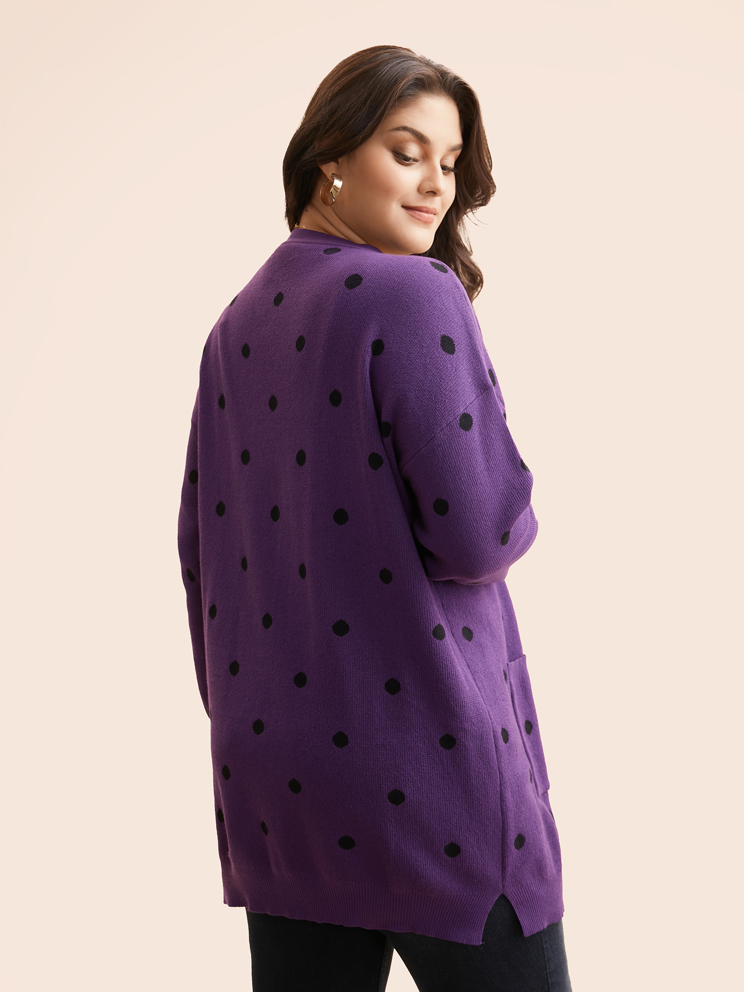 

Plus Size Polka Dot Kimono Collar Patch Pocket Cardigan Deeppurple Women Casual Loose Long Sleeve Everyday Cardigans BloomChic