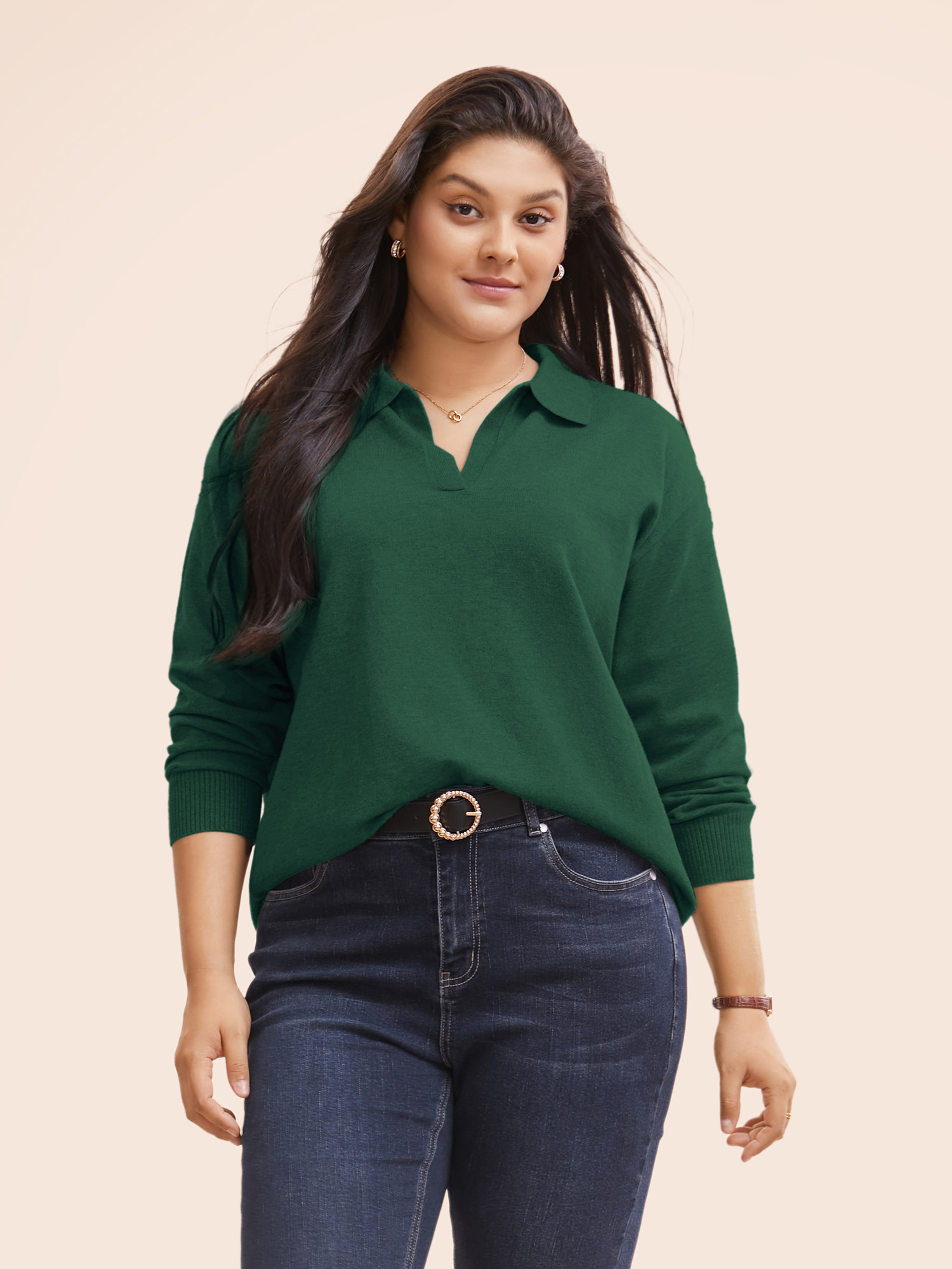 

Plus Size Polo Neck Drop Shoulder Sleeve Soft Pullover DarkGreen Women Casual Long Sleeve Polo Everyday Pullovers BloomChic